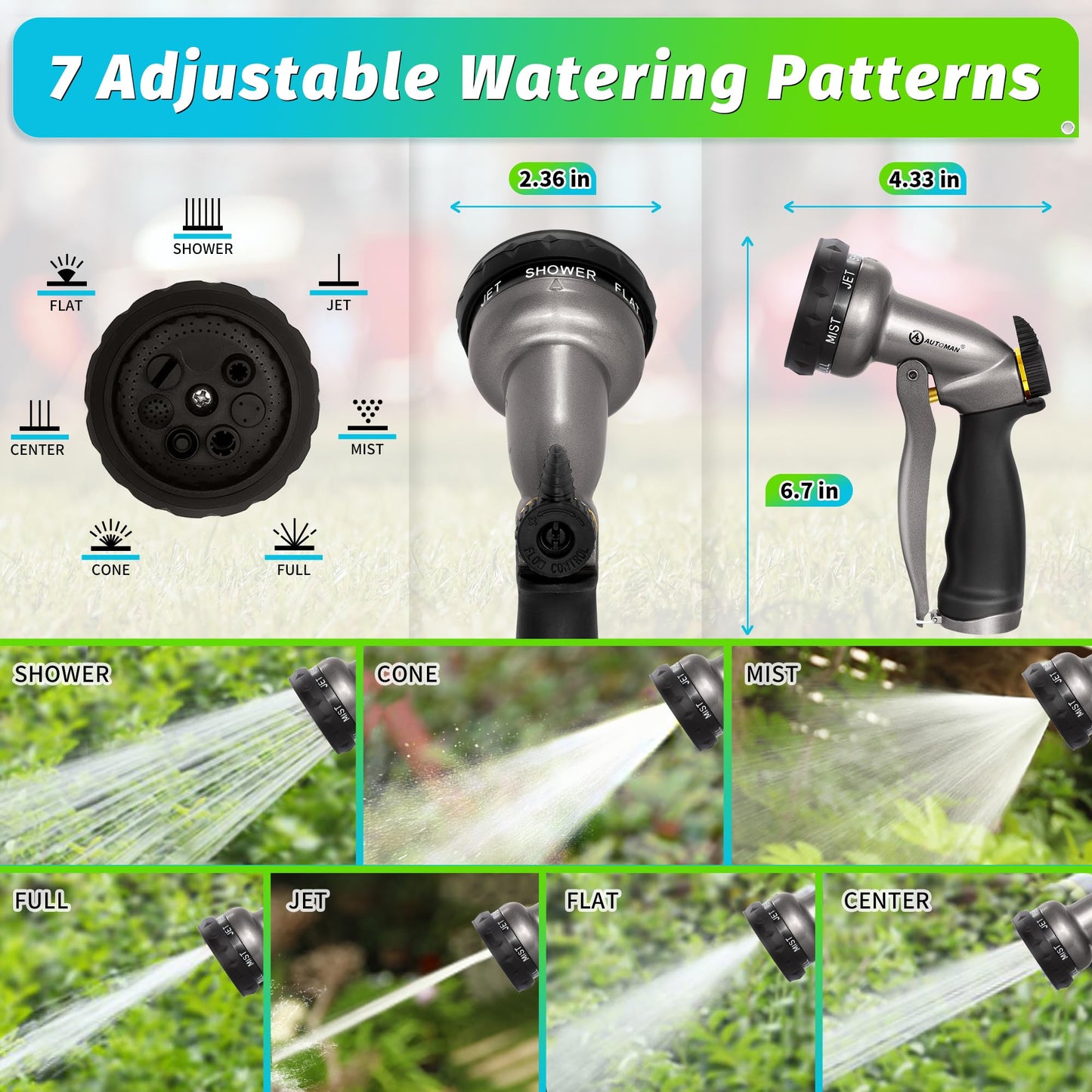 AUTOMAN-Garden-Hose-Nozzle, ABS Water Spray Nozzle with 7 Adjustable Watering Patterns, Slip Resistant for Watering Plants, Lawn& Garden, Washing Cars, Cleaning, Showering Pets & Outdoor Fun.