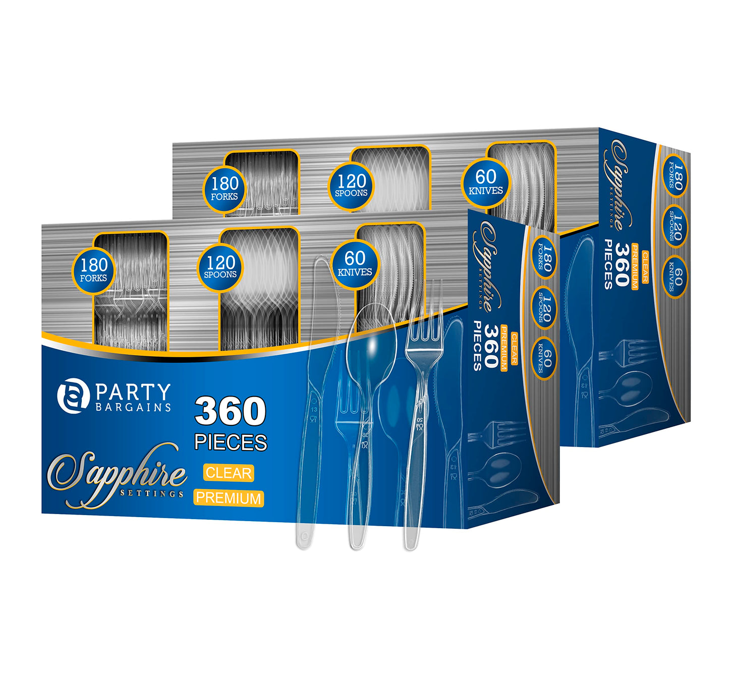 Party Bargains Disposable Cutlery set, SAPPHIRE Design, Clear Color, 360 Pieces: 180 Forks, 120 Spoons, 60 Knives