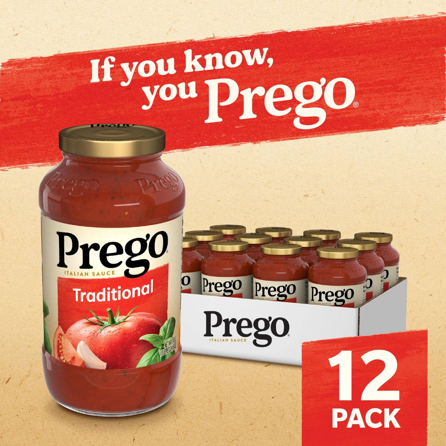 Prego Traditional No Sugar Added Pasta Sauce, 23.5 Oz Jar (Case of 6)