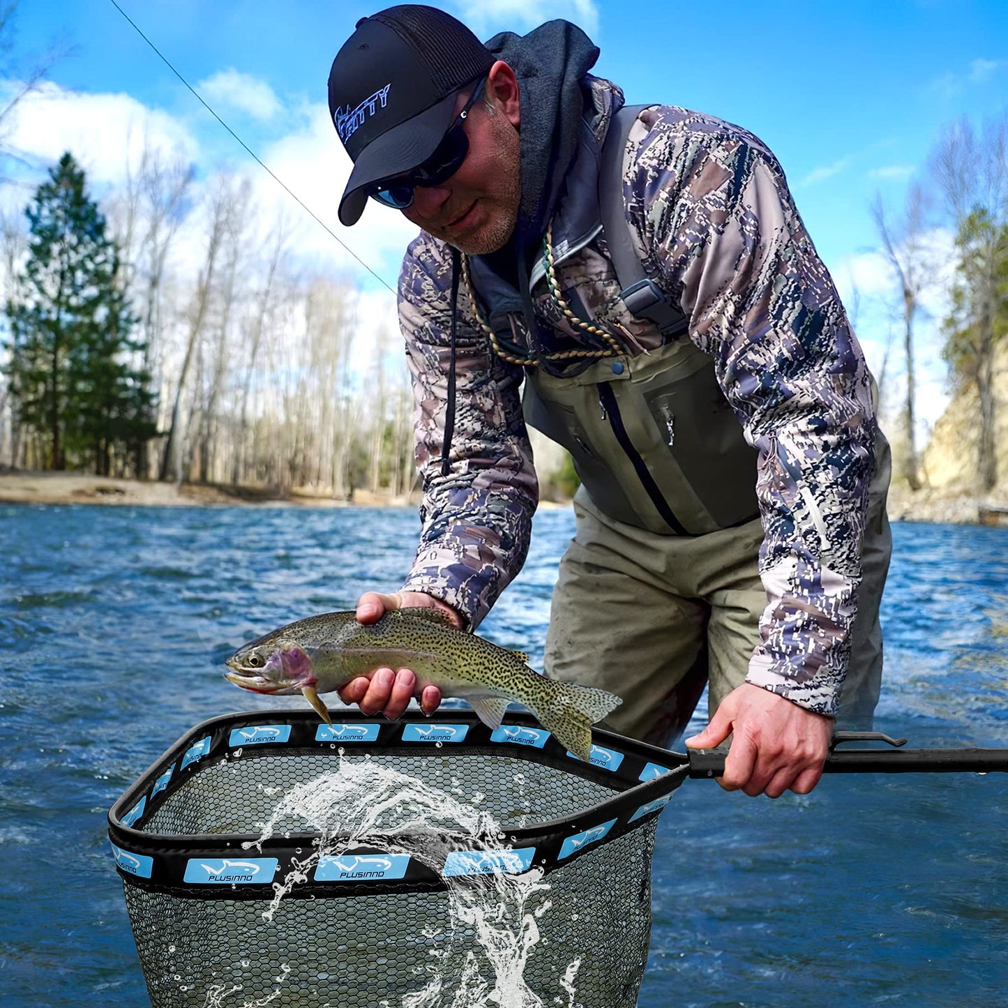 PLUSINNO Floating Fishing Net for Steelhead, Salmon, Fly, Kayak, Catfish, Bass, Trout Fishing, Rubber Coated Landing Net for Easy Catch & Release, Compact & Foldable for Easy Transportation & Storage