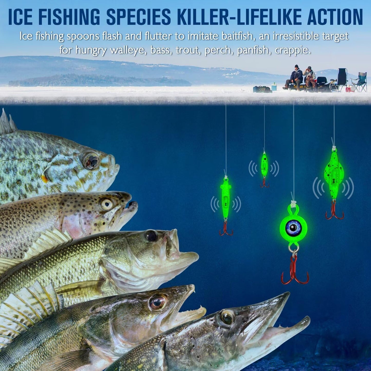 Dovesun Ice Fishing Jigs Ice Fishing Lures Kit Rattling Glow Ice Fishing Spoons for Bass Crappie Panfish Mens Fishing Gifts 15PCS/4PCS/3PCS