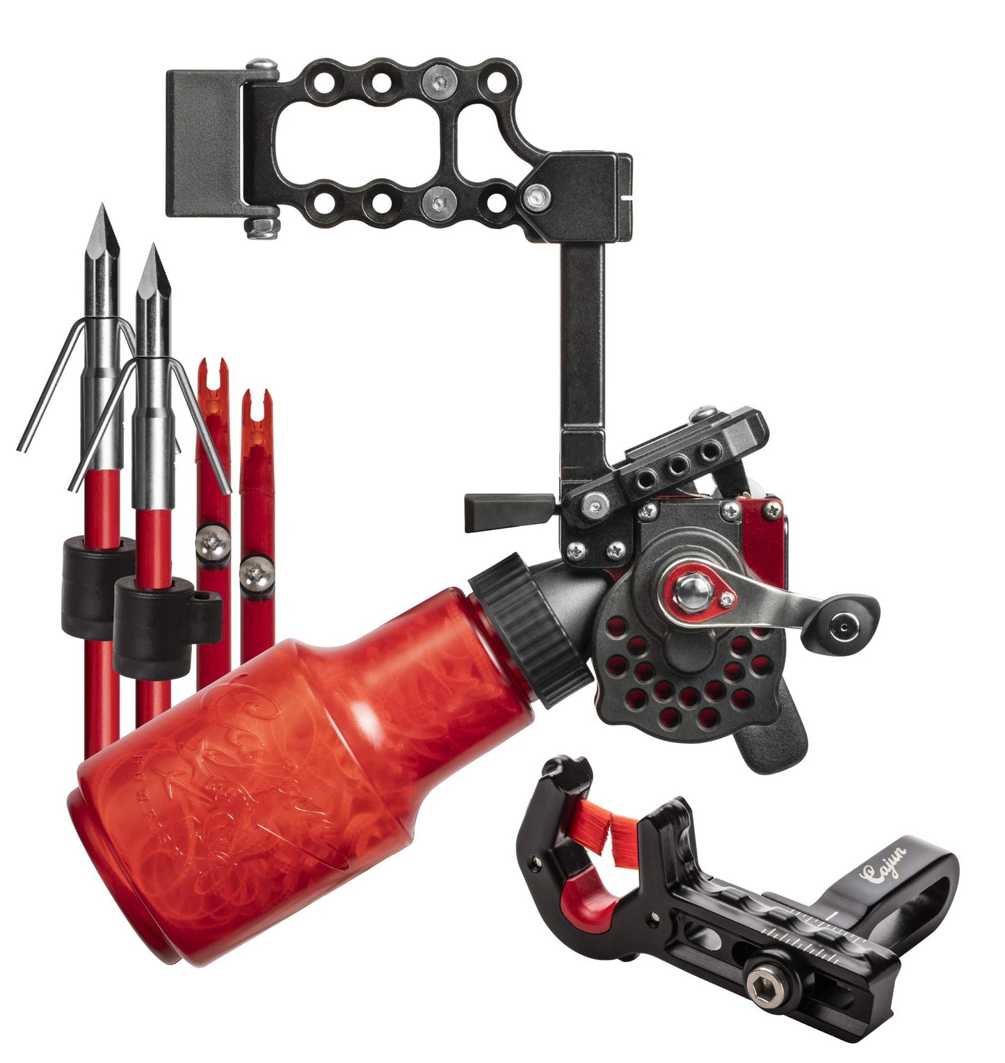 Cajun Winch Pro Reel Bowfishing Kit - Ultimate Bundle Including Winch Pro Reel, 25 Yards of 250 lbs. Line, 2 Arrows W/Piranha Points, Slides, Stops, and Brush Fire Arrow Rest