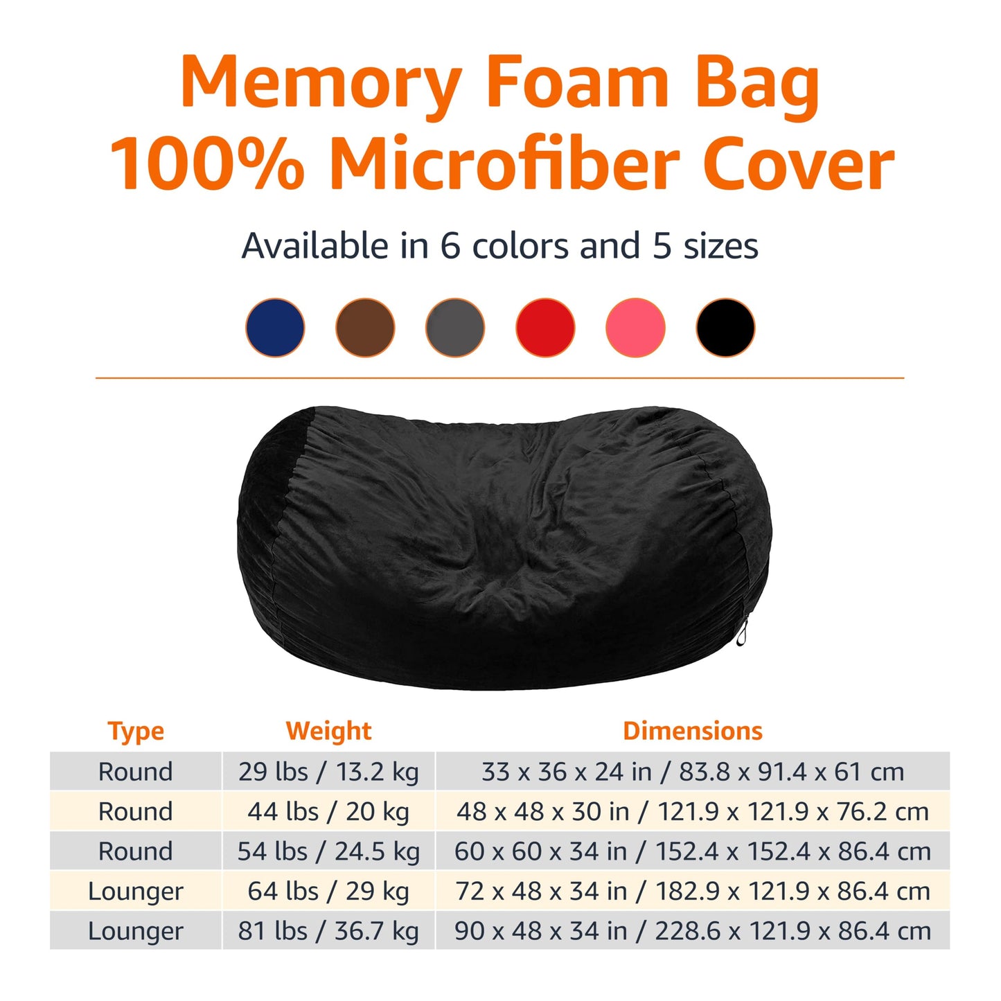 Amazon Basics Large Bean Bag Chair for Adults, 6 ft Memory Foam Filled with Microfiber Cover, Black, for Bedroom, Living Room, Dorm, Relaxation