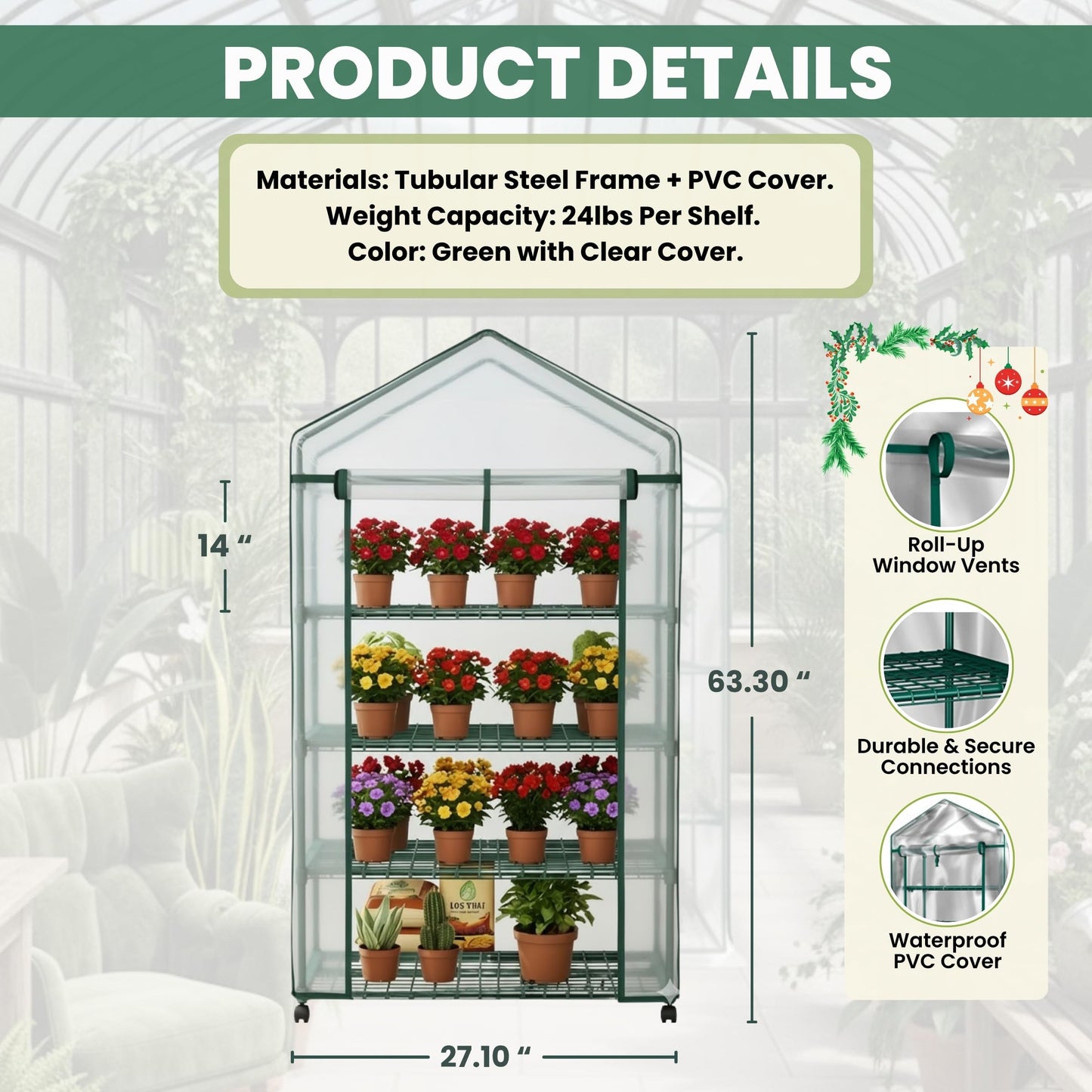 4 Tier Mini Greenhouse - Portable Greenhouse with Locking Wheels and PVC Cover for Indoor or Outdoor - 27 x 19 x 63-Inch Green House by Home-Complete