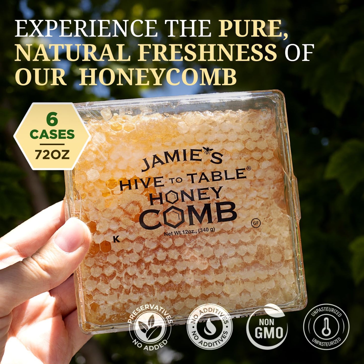 Jamie's Hive To Table 100% Raw Honeycomb, 12 Oz – All-Natural Pure Georgia Honeycomb, No Additives or Preservatives, Non-GMO