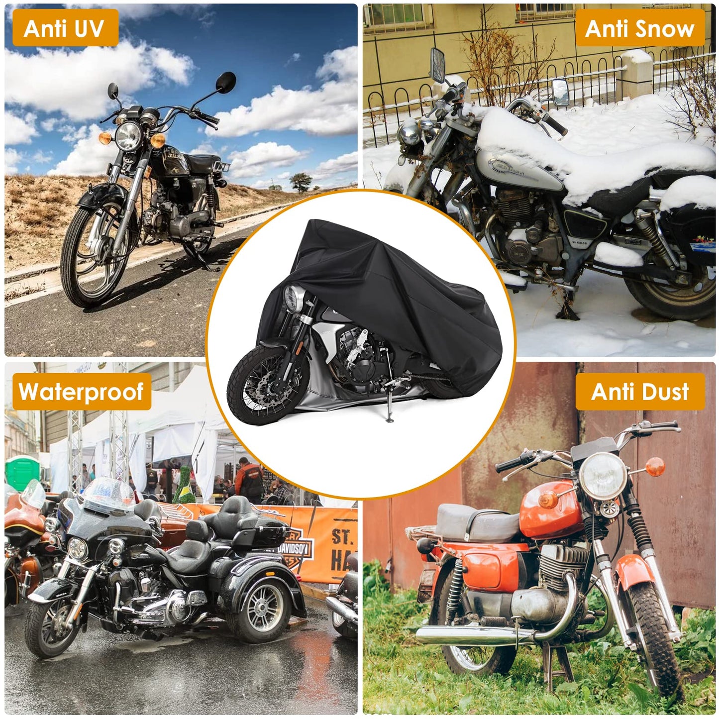 Motorcycle Cover,Motorbike Cover All Season Universal Weather Waterproof Sun Outdoor Protection with Lock-Holes & Storage Bag,XXL Motorcycles Vehicle Cover