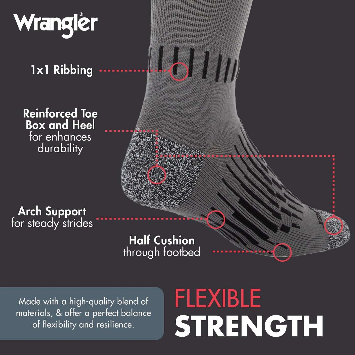 Wrangler - Peak Men's Crew Socks - Durable Half Cushion Socks with Arch Support