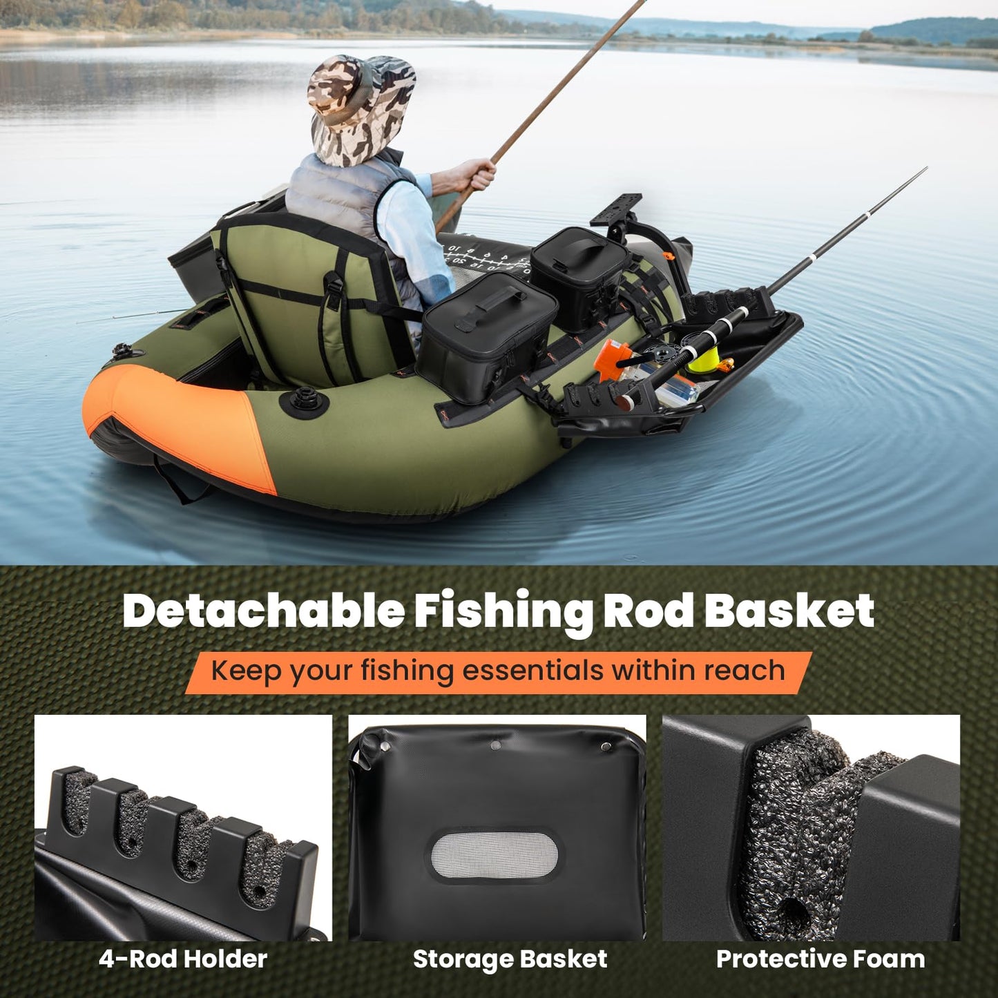 Goplus Inflatable Float Tube, Fishing Belly Boat w/Paddle, Flippers, Fish Ruler, Pump, Storage Bag, Adjustable Straps, 350LBS Load Capacity (Upgrade Green, W/Fish Finder Holder, Rod Rack Basket)