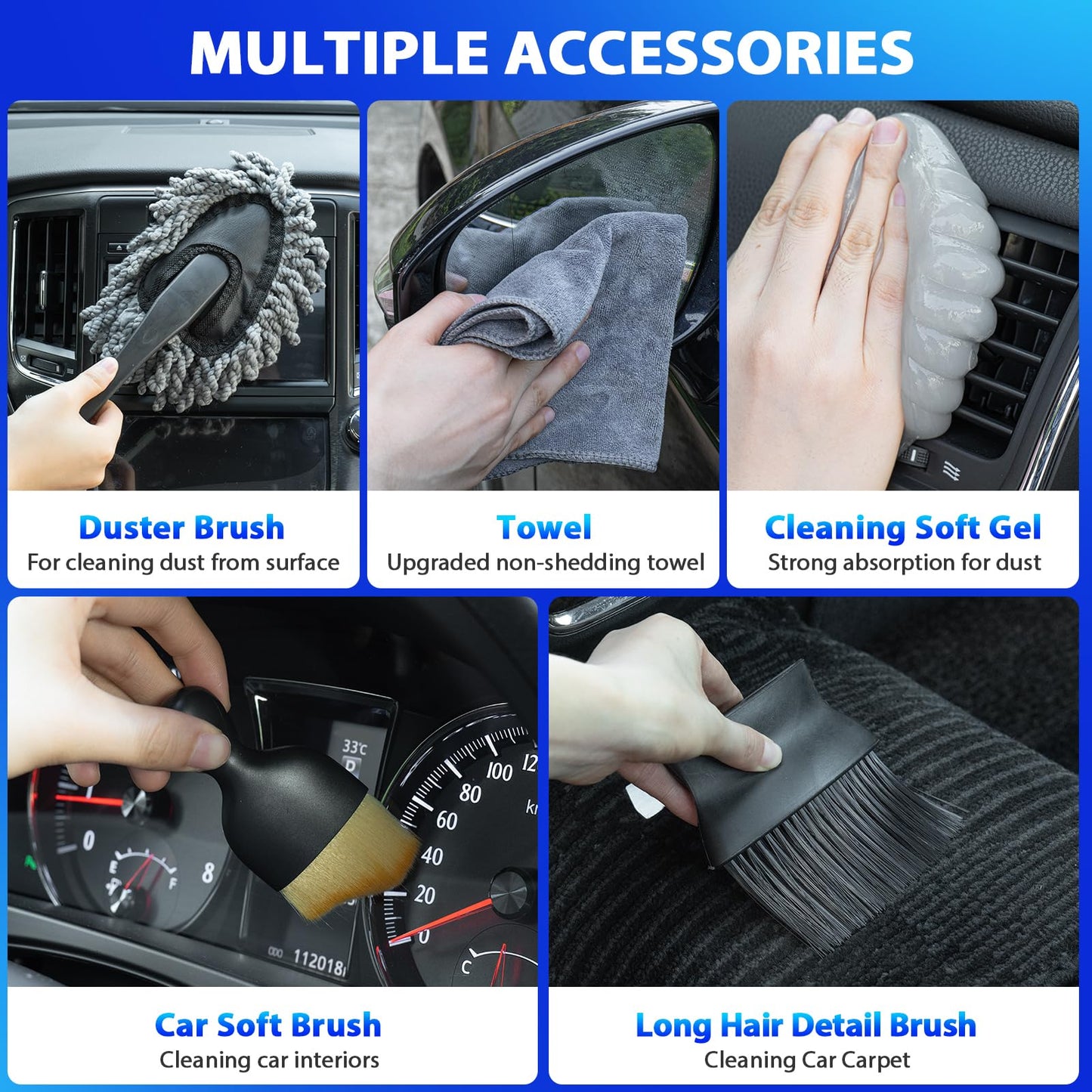 THINKWORK Car Cleaning Kit, Car Vacuum Kit, Gray Car Interior Detailing Kit with 8000PA High Power Vacuum, Including 7Pcs Detailing Brush Set and Bag
