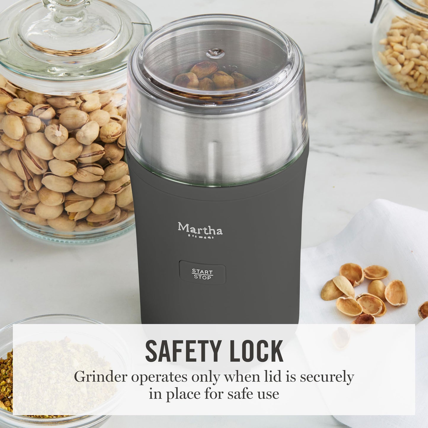 Martha Stewart Electric Coffee & Spice Grinder, Dual 2.5oz Removable Bowls, Storage Lids, Stainless Steel Blades, One Touch Pulse Control, 2-in-1 Compact, Beans & Spices, Herbs & Nuts, Sky Blue