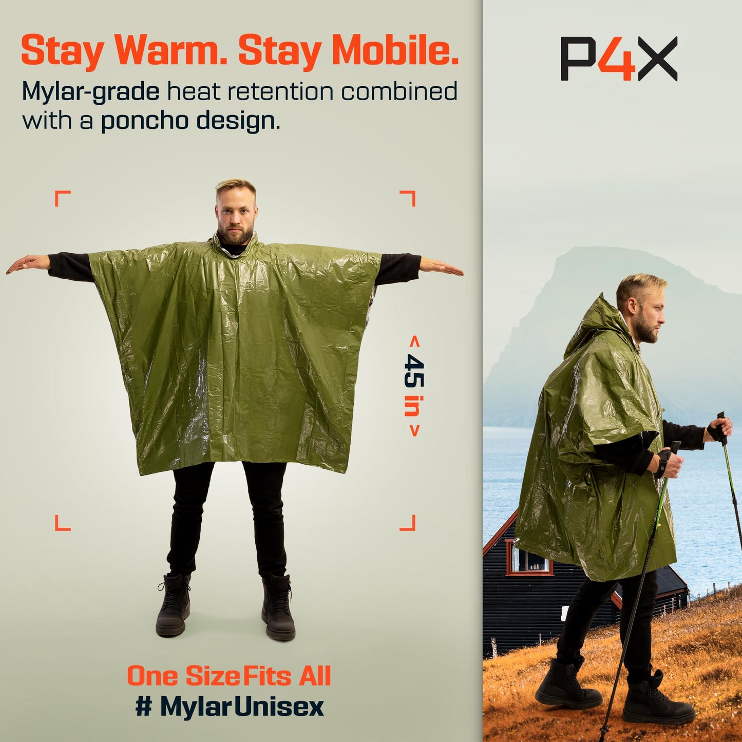 PREPARED4X Emergency Poncho with Mylar Blanket Liner – Heavy Duty, Waterproof, Wind-Resistant Green Rain Poncho for Outdoors, Camping, and Car Emergency Kits - Thermal Poncho - 4 Pack (Green)