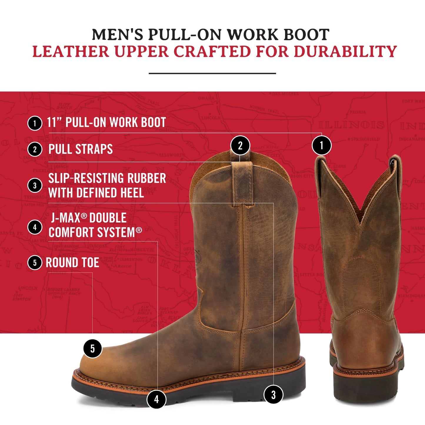 Justin Blueprint 11" Work Boots for Men - Round Toe Full-Grain Leather Cowboy Boots with Slip-resistant Outsole, EH-Rated