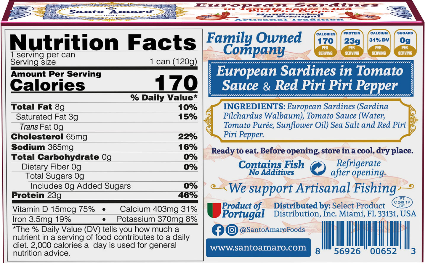 Santo Amaro - 6 Flavor Variety Pack Sampler European Wild Sardines - Virgin Olive Oil - Tomato Sauce from Puree - Virgin Olive Oil & Spicy Red Piri Piri Pepper - Spring Water - Virgin Olive Oil & Lisbon Lemon - Tomato Puree with Spicy Red Piri Piri Pepper
