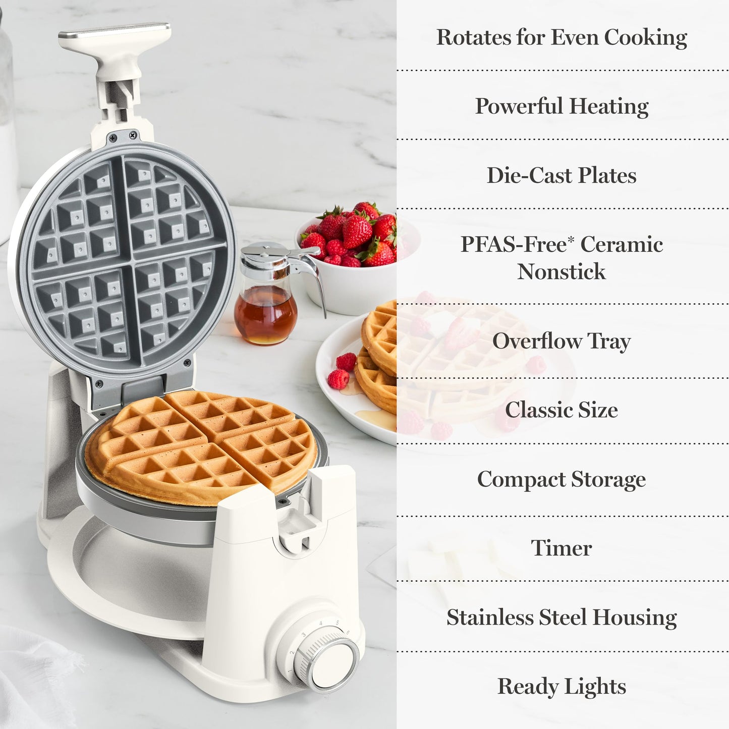 Martha Stewart Rotating Waffle Maker, 180° Flip Iron with PFAS-Free Nonstick Plates, Adjustable Timer, Ready Light, Drip Tray, Space Saving, Classic Round 7”, Easy to Clean, Stainless Steel, Sky Blue