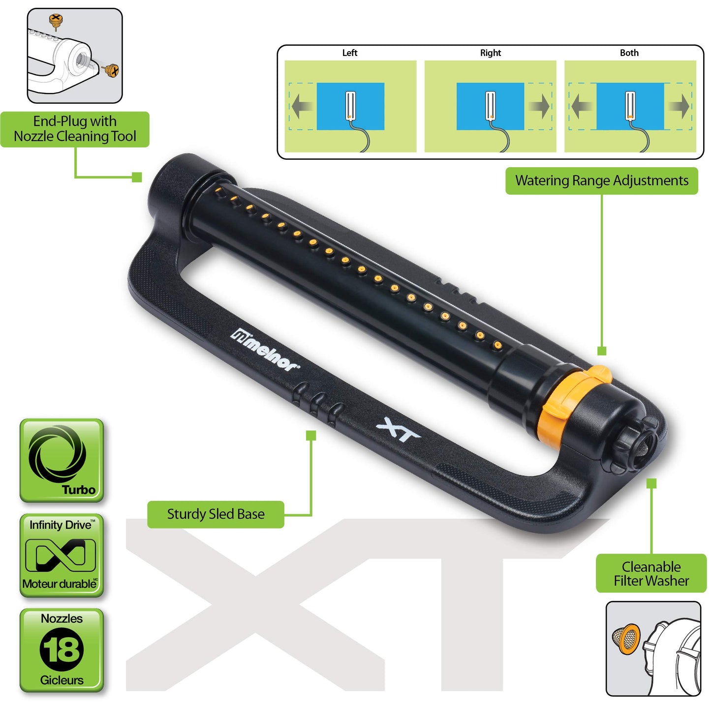 Melnor 65167AMZ XT Turbo Oscillating Sprinkler, 4,500 sq. ft., Quick Connect Bundle, 3-Way Adjustable, Black, Yellow