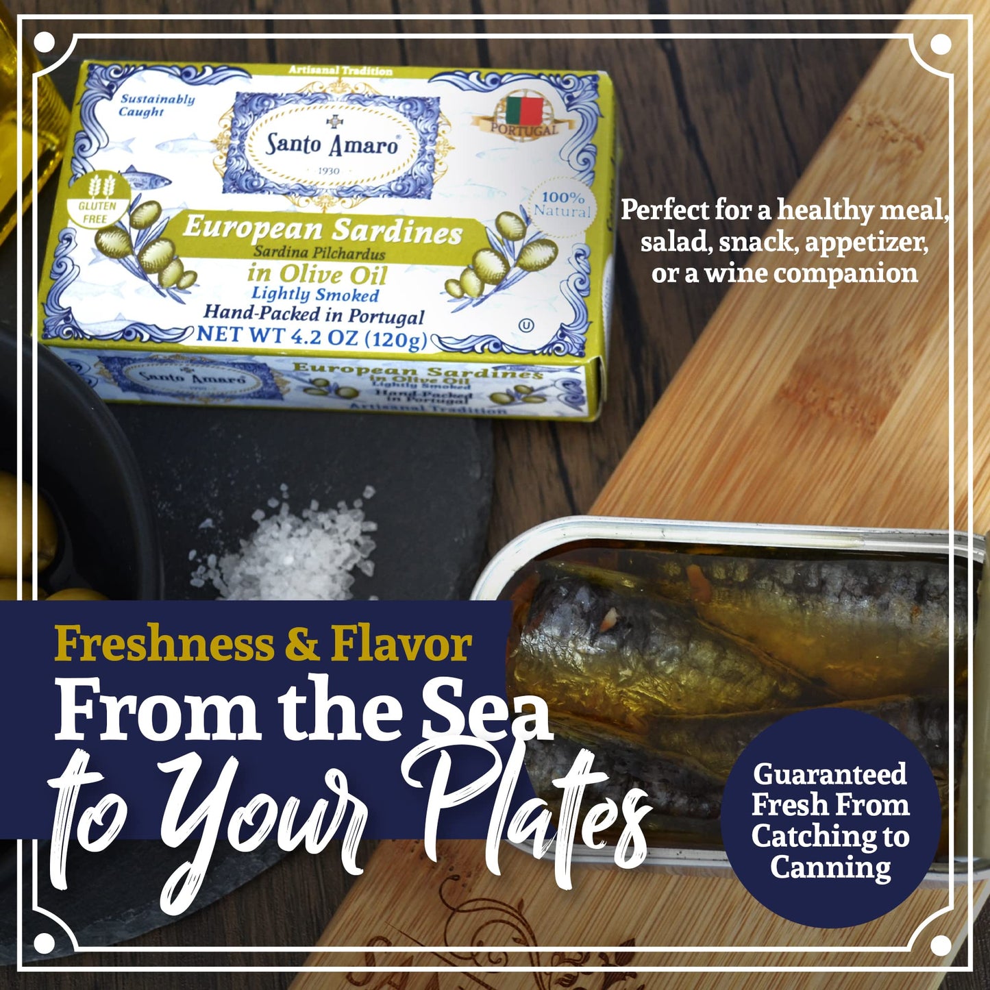 Santo Amaro - 6 Flavor Variety Pack Sampler European Wild Sardines - Virgin Olive Oil - Tomato Sauce from Puree - Virgin Olive Oil & Spicy Red Piri Piri Pepper - Spring Water - Virgin Olive Oil & Lisbon Lemon - Tomato Puree with Spicy Red Piri Piri Pepper