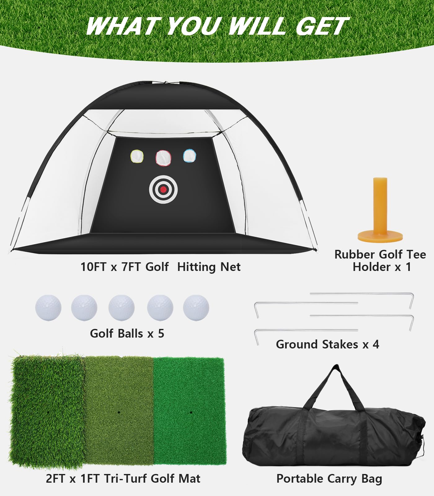 Golf Net, 10x7ft Golf Practice Net with Tri-Turf Golf Mat, All in 1 Home Golf Hitting Aid Nets for Backyard Driving Chipping Swing Training with Target/Mat/Balls/Tee/Bag - Gift for Men