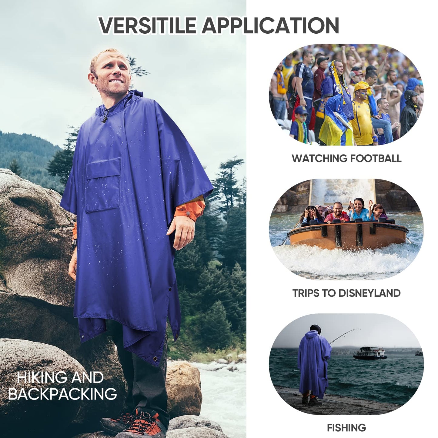 PTEROMY Hooded Rain Poncho for Adult with Pocket, Waterproof Lightweight Unisex Raincoat for Hiking Camping Emergency