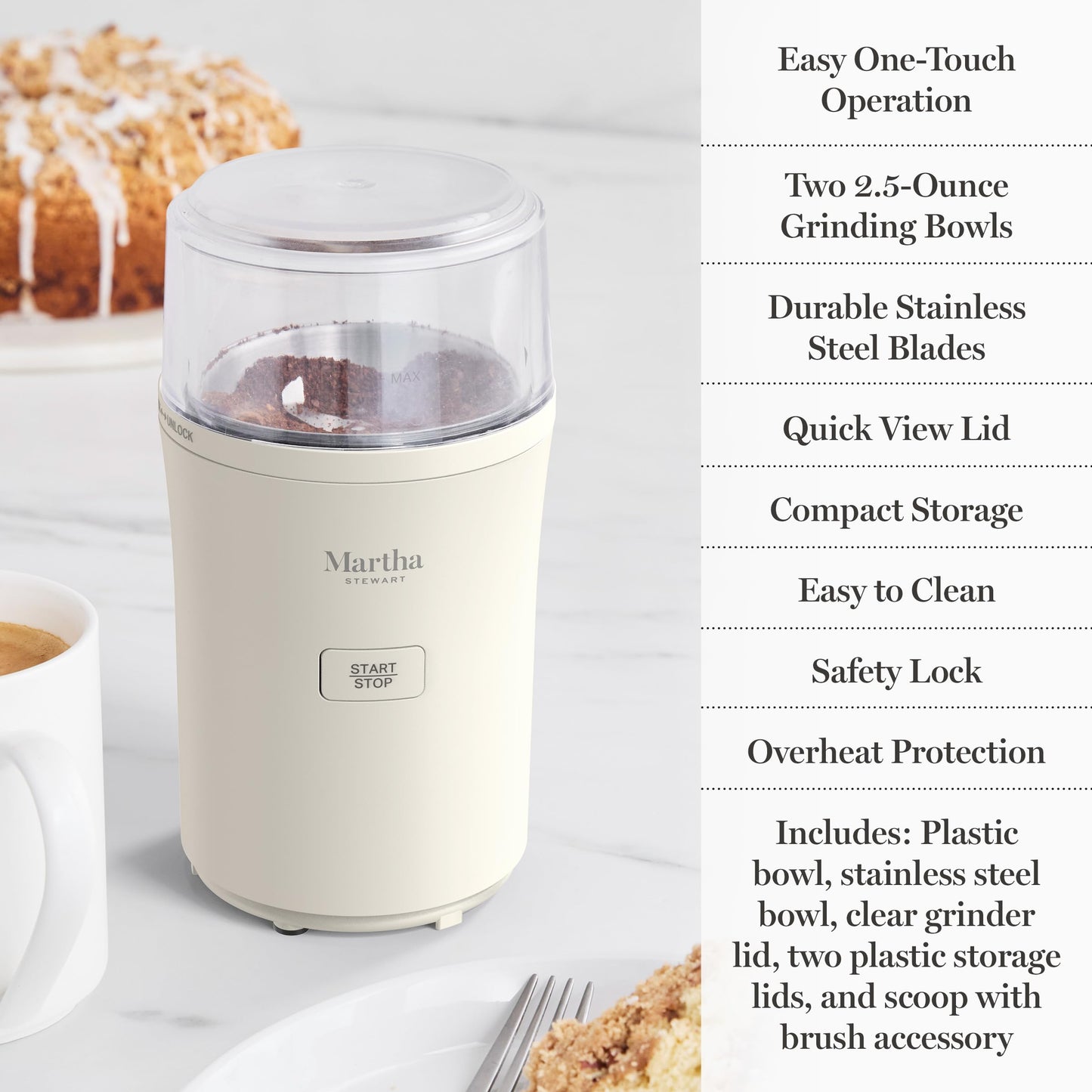 Martha Stewart Electric Coffee & Spice Grinder, Dual 2.5oz Removable Bowls, Storage Lids, Stainless Steel Blades, One Touch Pulse Control, 2-in-1 Compact, Beans & Spices, Herbs & Nuts, Sky Blue