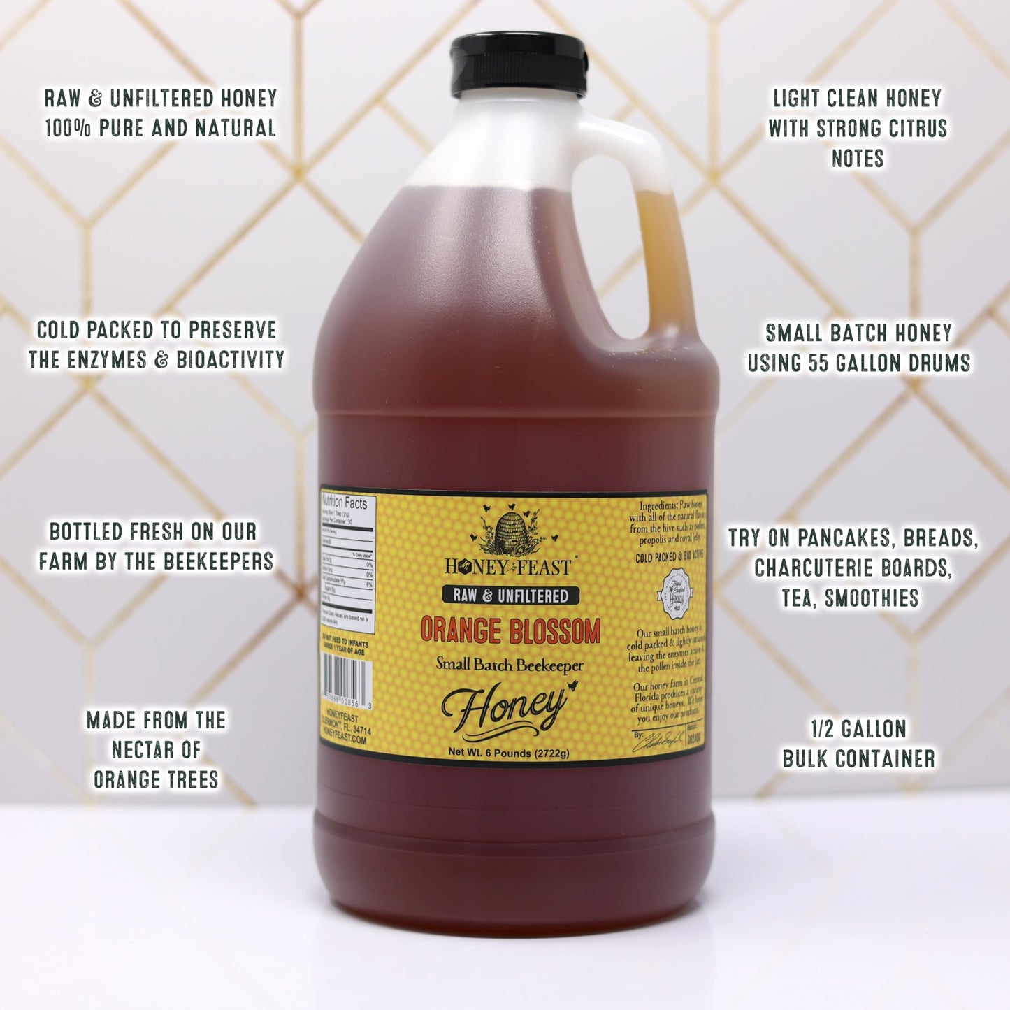 HONEY FEAST Wildflower Honey - 6 Pounds (1/2 Gallon) Bulk Honey, All Natural, Unfiltered, Unheated Honey, Perfect for Sweetening & Baking