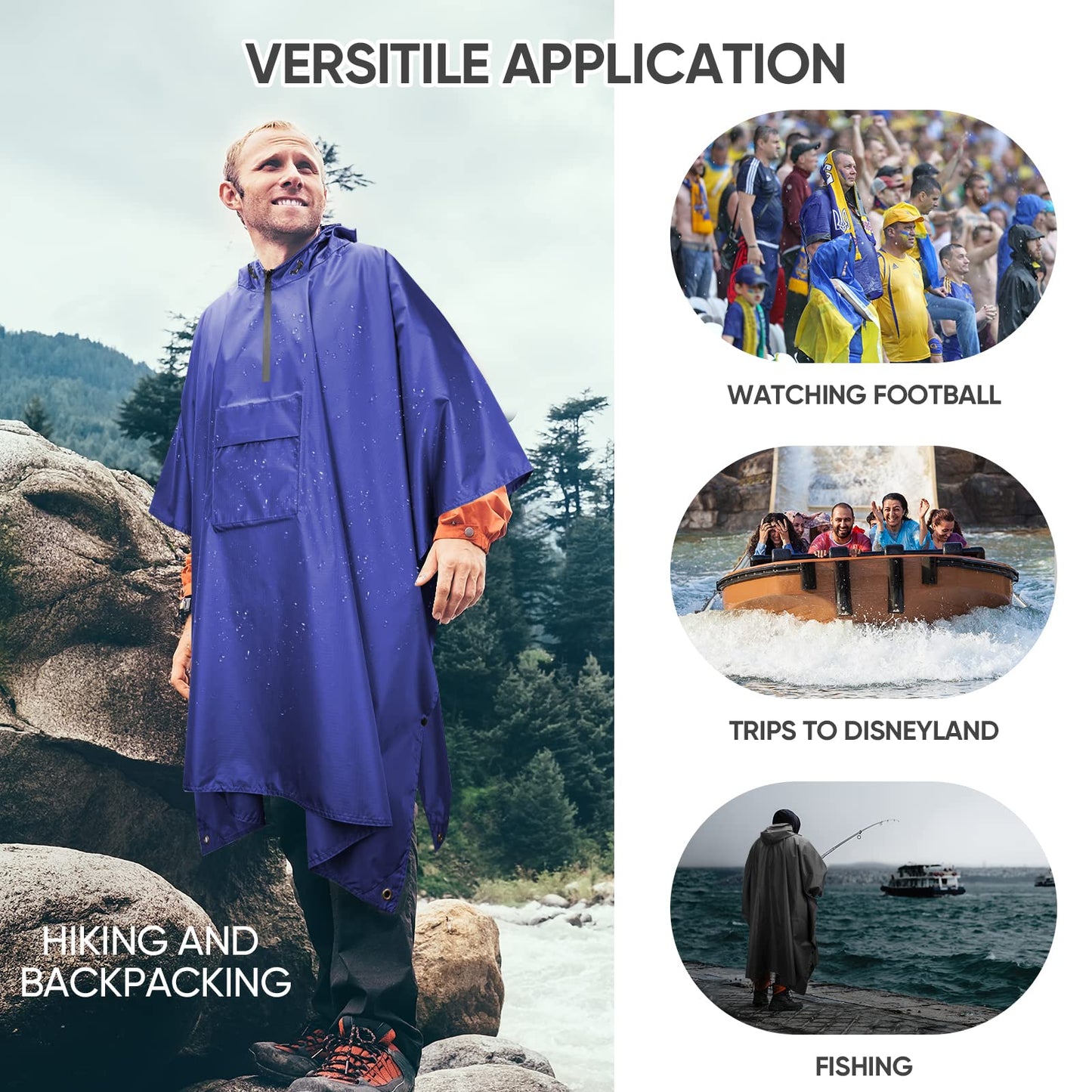 PTEROMY Hooded Rain Poncho for Adult with Pocket, Waterproof Lightweight Unisex Raincoat for Hiking Camping Emergency