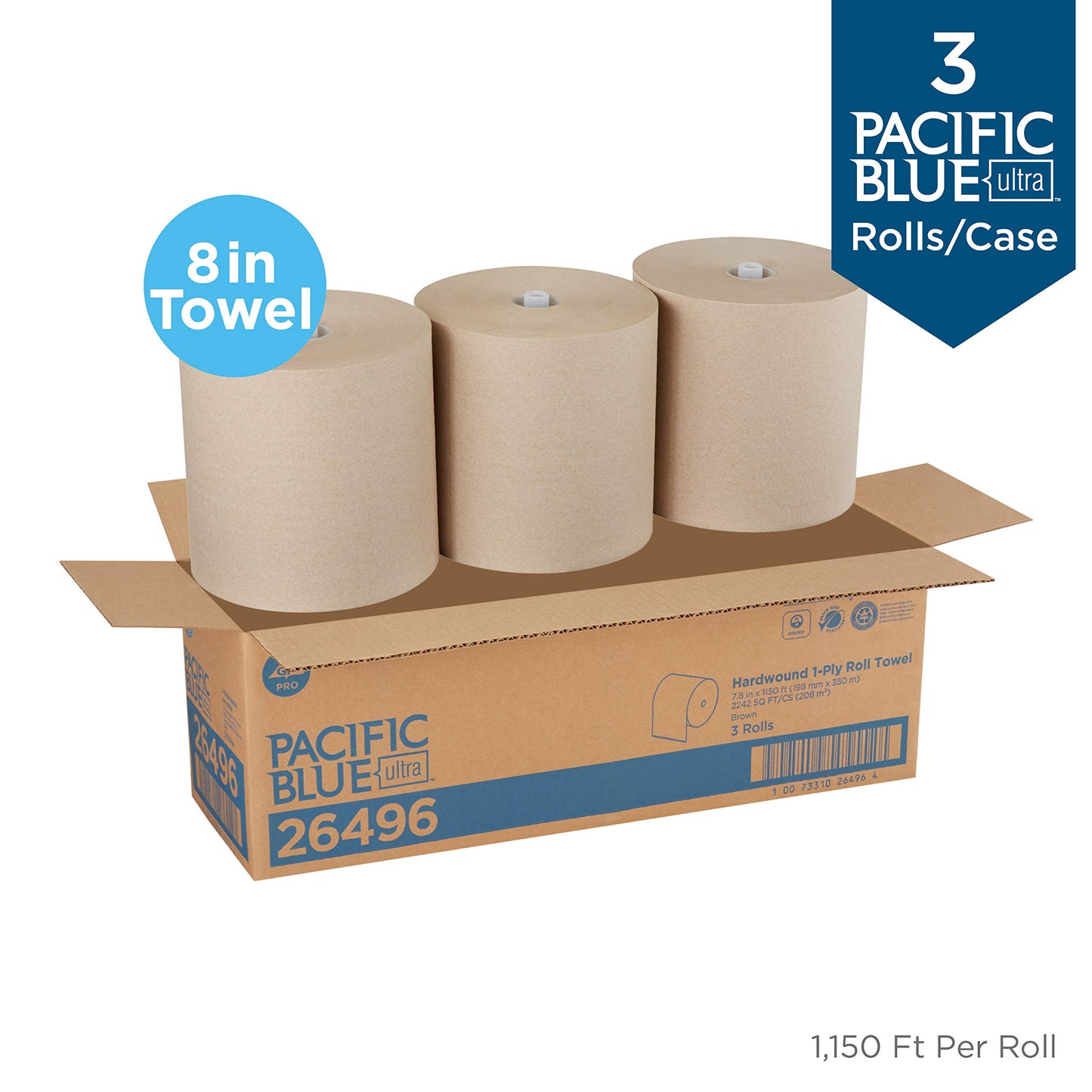 Pacific Blue Ultra 8” High-Capacity Recycled Paper Towel Roll by GP PRO (Georgia-Pacific), White, 26490, 1150 Feet Per Roll, 6 Rolls Per Case