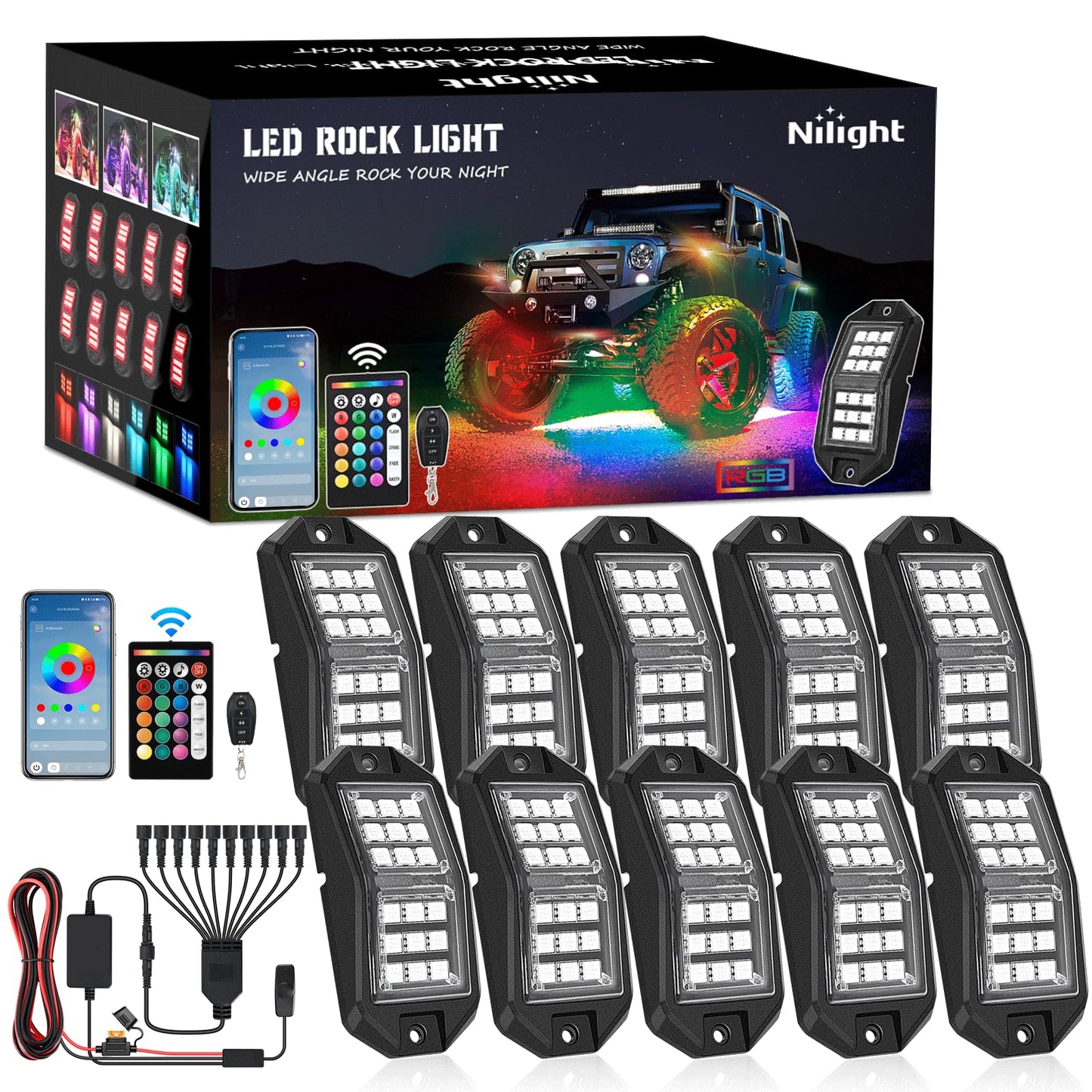 Nilight RGB LED Rock Lights Kit, 4 pods Underglow Multicolor Neon Light Pod with Bluetooth App Control Flashing Music Mode Wheel Well Light for Truck ATV UTV RZR SUV