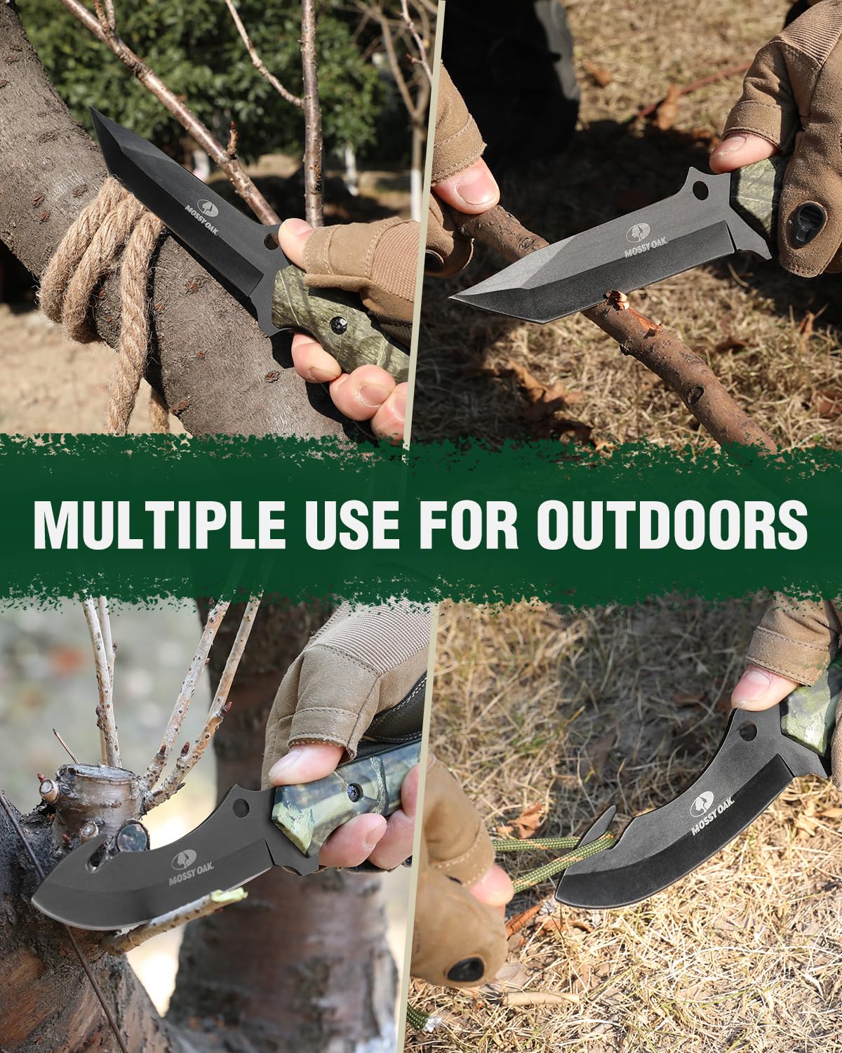 Mossy Oak Fixed Blade Hunting Knife Set - 2 Piece, Full Tang Handle Straight Edge and Gut Hook Blades Game Processing Knife, Sheath Included - Yellow Camo