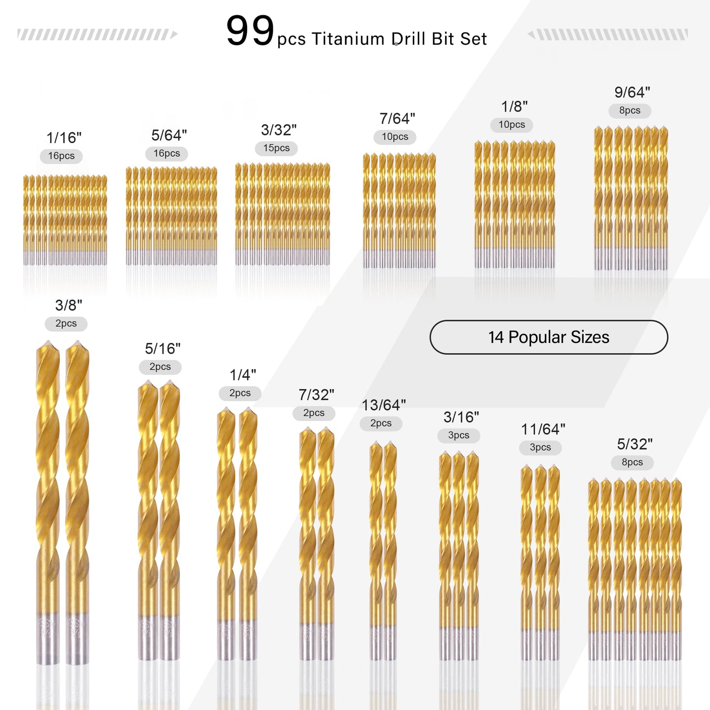 99PC Drill Bit Set, 135° Tip Titanium Coated High Speed Steel, Twist Drill Bit Kit for Iron, Aluminum Alloy, Copper, Wood, Plastic, with Storage Case 1/16"-3/8"