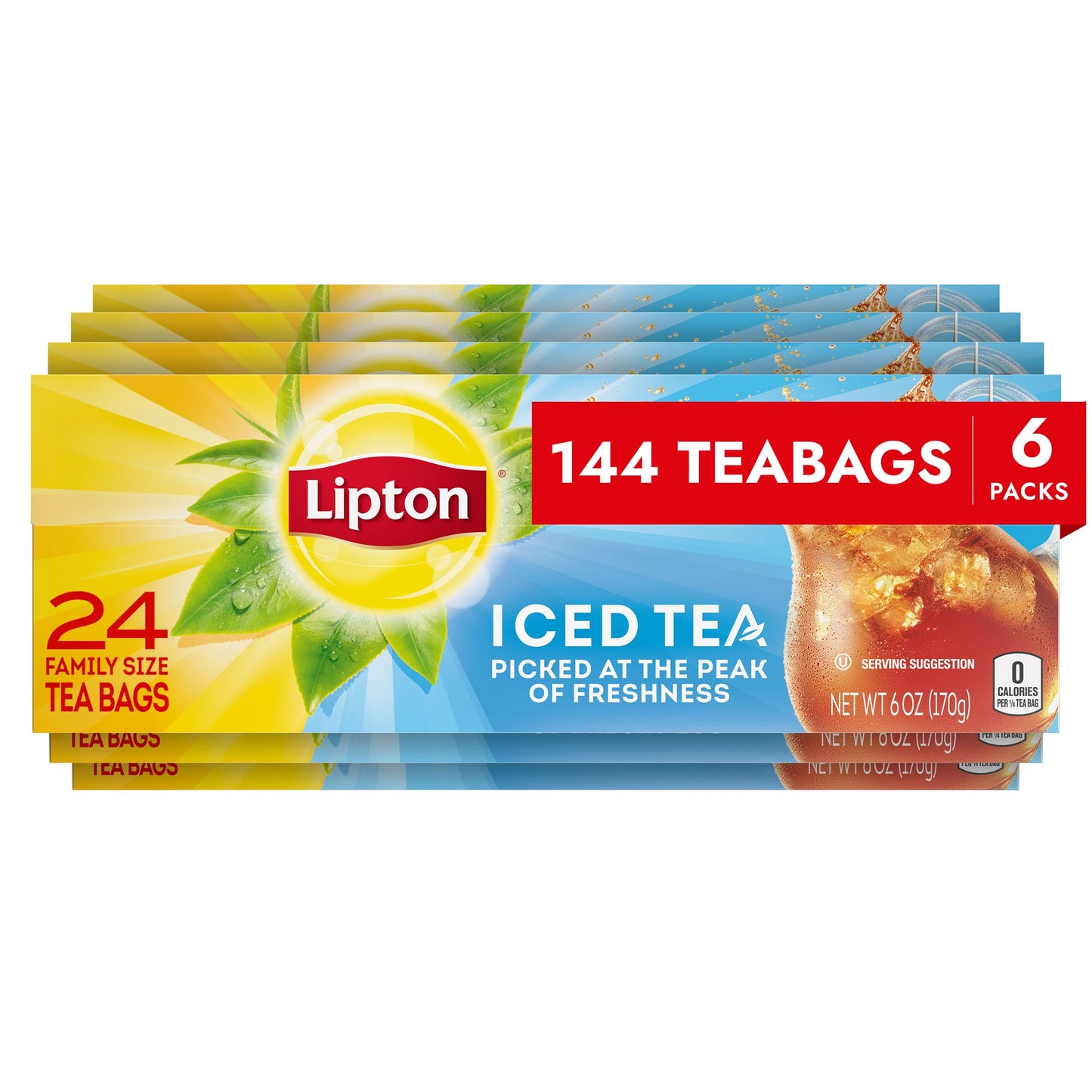 Lipton Unsweetened Iced Tea Bags, Family Size Zero Calories, 144 Total Tea Bags (24ct - Pack of 6)