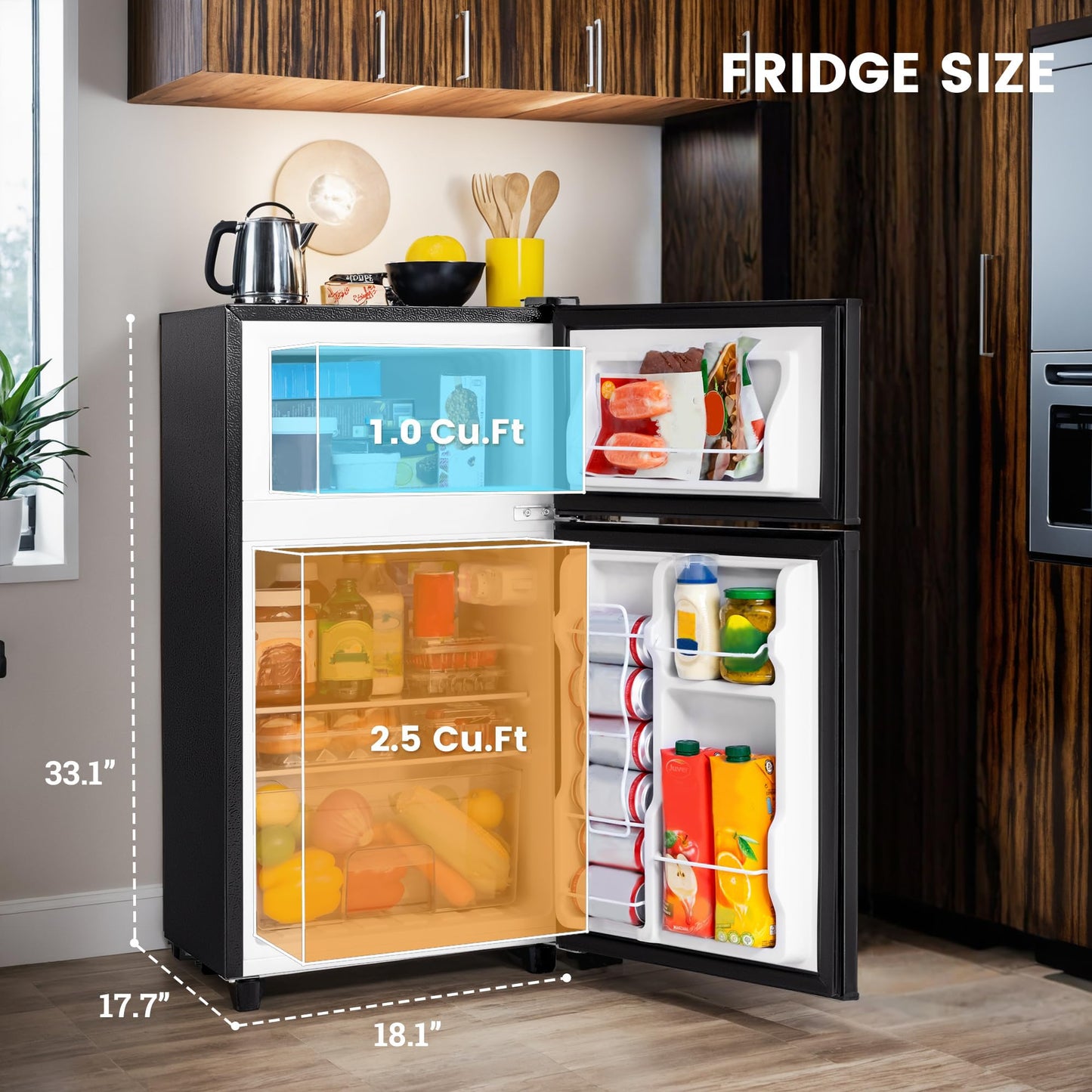 Manastin 3.5 Cu.Ft Mini Fridge with Freezer, 2 Door Small Refrigerator, 7 Level Adjustable Thermostat, Compact Fridge for Living Room, Office, Kitchen and Apartment(Black)