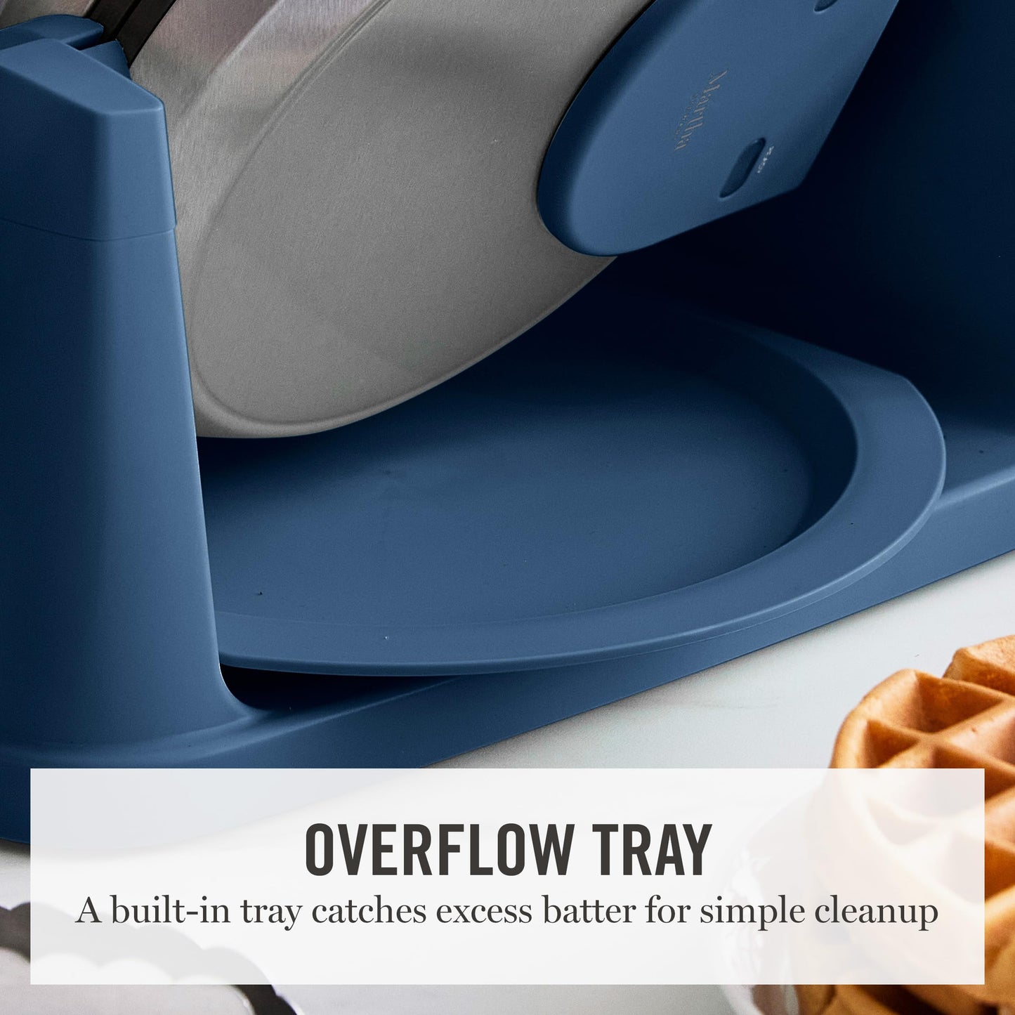 Martha Stewart Rotating Waffle Maker, 180° Flip Iron with PFAS-Free Nonstick Plates, Adjustable Timer, Ready Light, Drip Tray, Space Saving, Classic Round 7”, Easy to Clean, Stainless Steel, Sky Blue