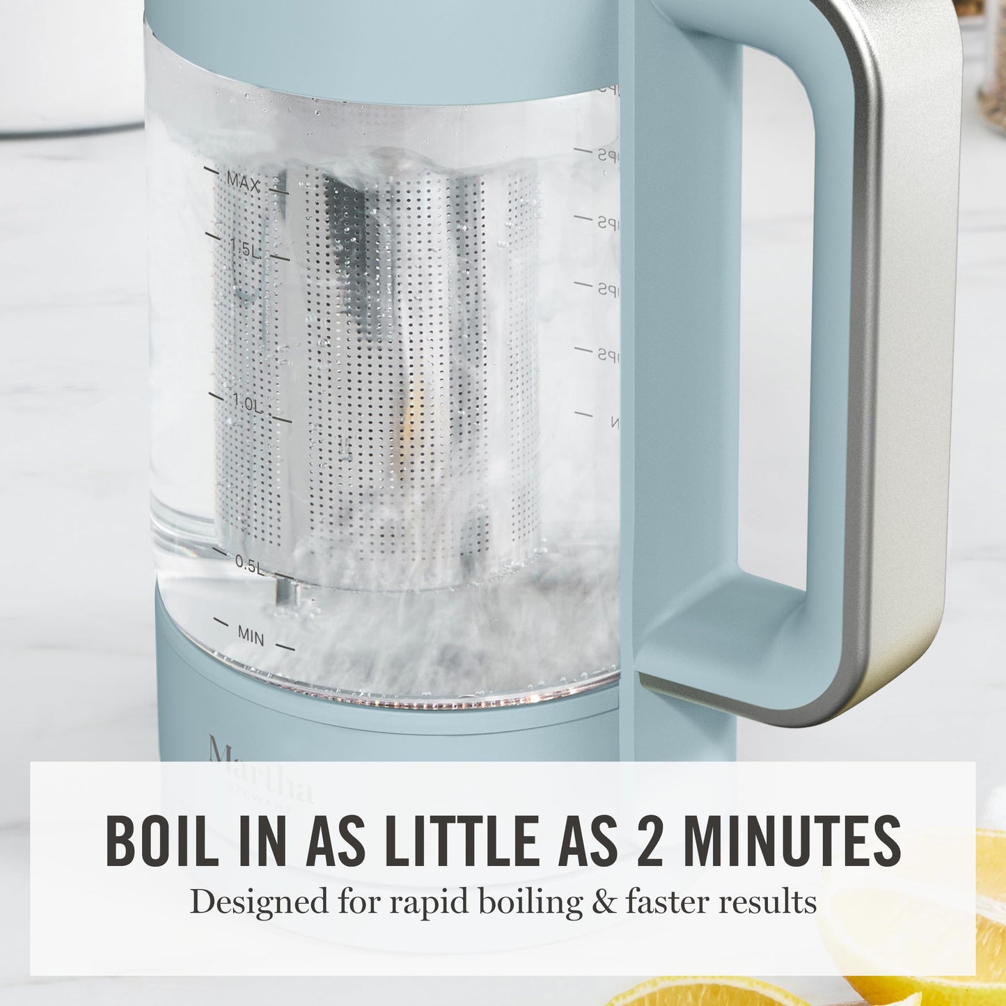 Martha Stewart Electric Kettle with Removable Stainless Steel Tea Infuser,  Glass Carafe 1.7L (7 Cups), Hot Water Boiler, 4 Presets, Keep Warm & Auto Shut-Off, Cordless 360° Swivel Base, Sky Blue