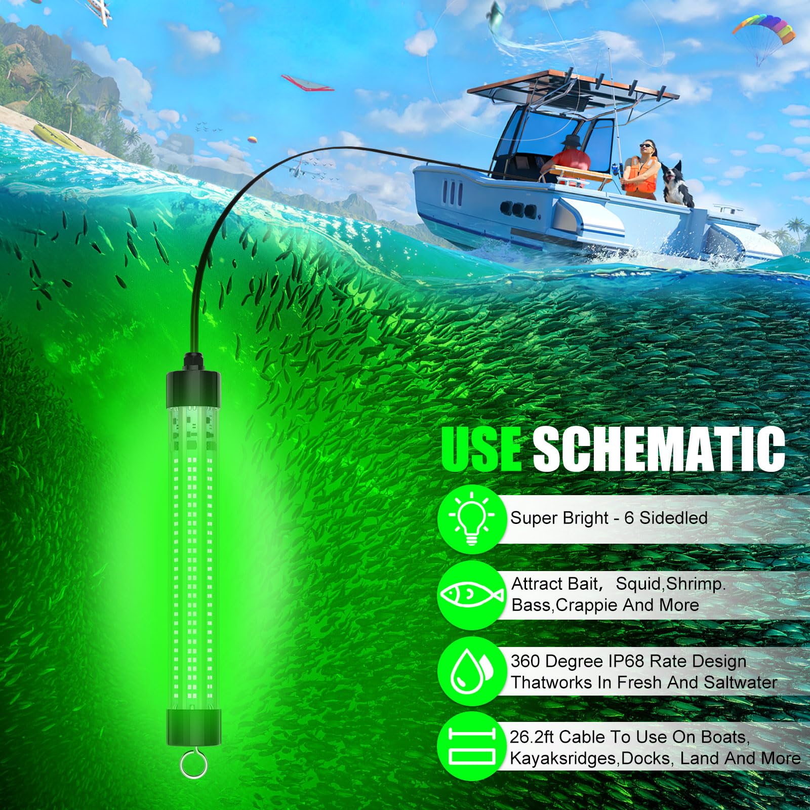 Underwater Fishing Light Compatible for Milwaukee 18V Battery,LED Gree –