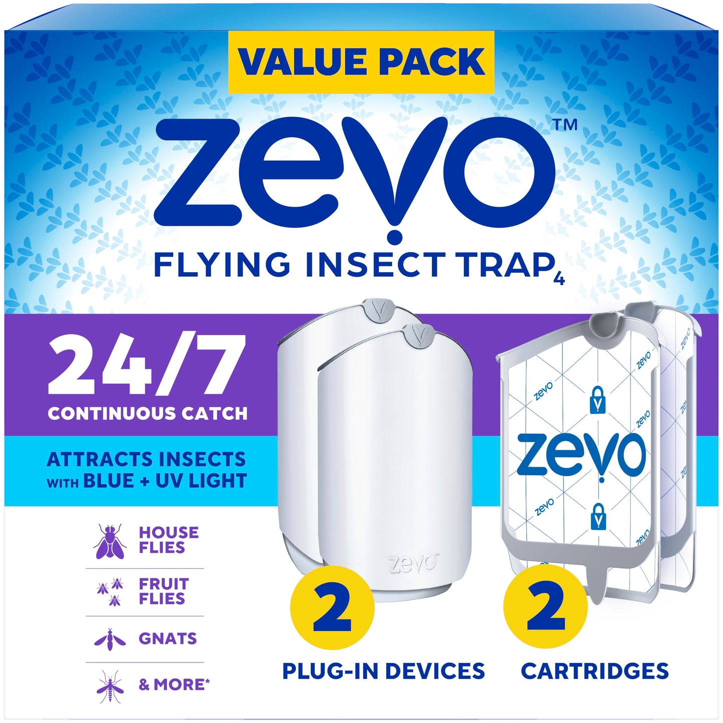 Zevo Flying Insect Trap for Indoors: Light Trap Captures Fruit Flies, Gnats and Houseflies, Starter Kit (1 Plug-in Base + 1 Cartridge)