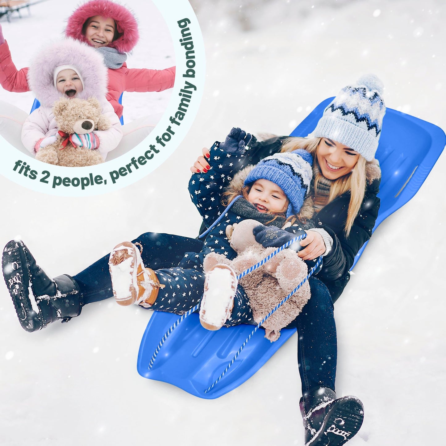 Slippery Racer Downhill Xtreme Flexible Adults and Kids Plastic Toboggan Snow Sled for Up to 2 Riders with Pull Rope and Handles, Blue