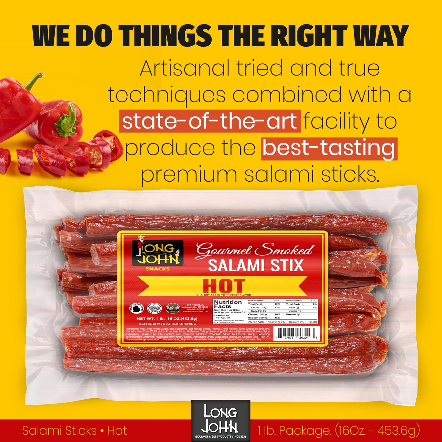 Long John Snacks Italian Style Dried Salami Stix – Premium Italian Blend Hand Crafted Pork & Beef Cuts – Gluten-Free, Bold Flavor & Low Heat – Smoked & Italian-Style Dried to Perfection - 16oz.