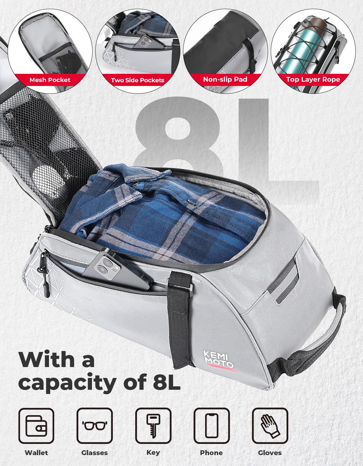 KEMIMOTO Rear Bike Rack Bag - 8L PVC Water Resistant Ebike Bags for Bicycle Rear Rack, Bicycle Trunk Pannier for Commuter Travel Shopping and Cycling (Black)