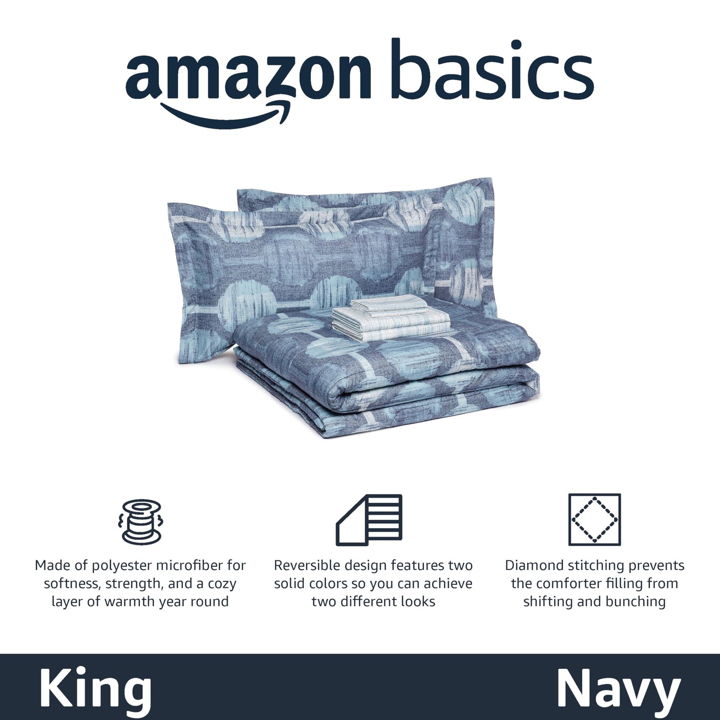Amazon Basics Lightweight Microfiber Comforter Sets, 7 Pieces, King Size, Navy Geometrics