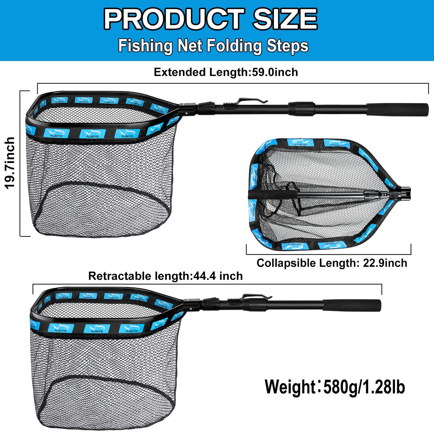 PLUSINNO Floating Fishing Net for Steelhead, Salmon, Fly, Kayak, Catfish, Bass, Trout Fishing, Rubber Coated Landing Net for Easy Catch & Release, Compact & Foldable for Easy Transportation & Storage