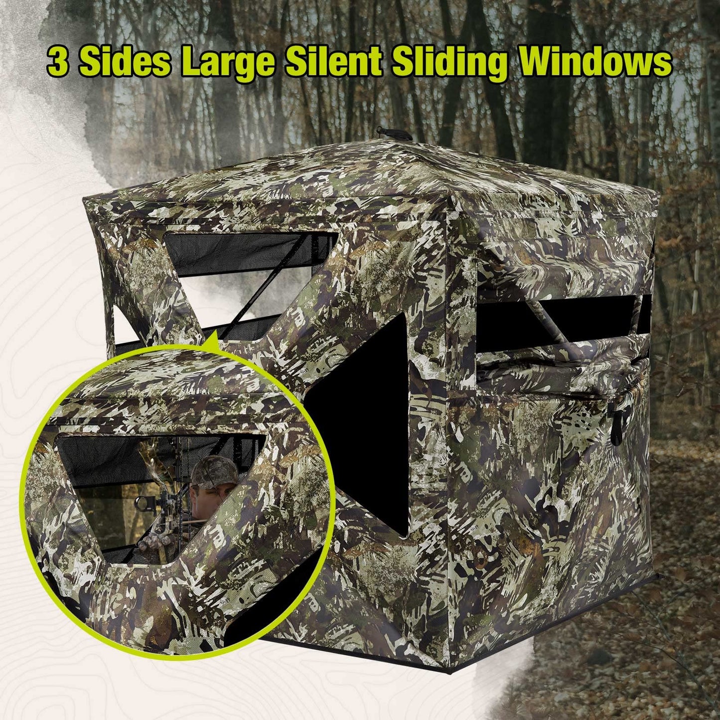 TIDEWE Hunting Blind 270°See Through with Silent Magnetic Door & Sliding Windows, 2-3 Person Pop Up Ground Blind with Carrying Bag, 300D Portable Resilient Tent(Veil Rush)