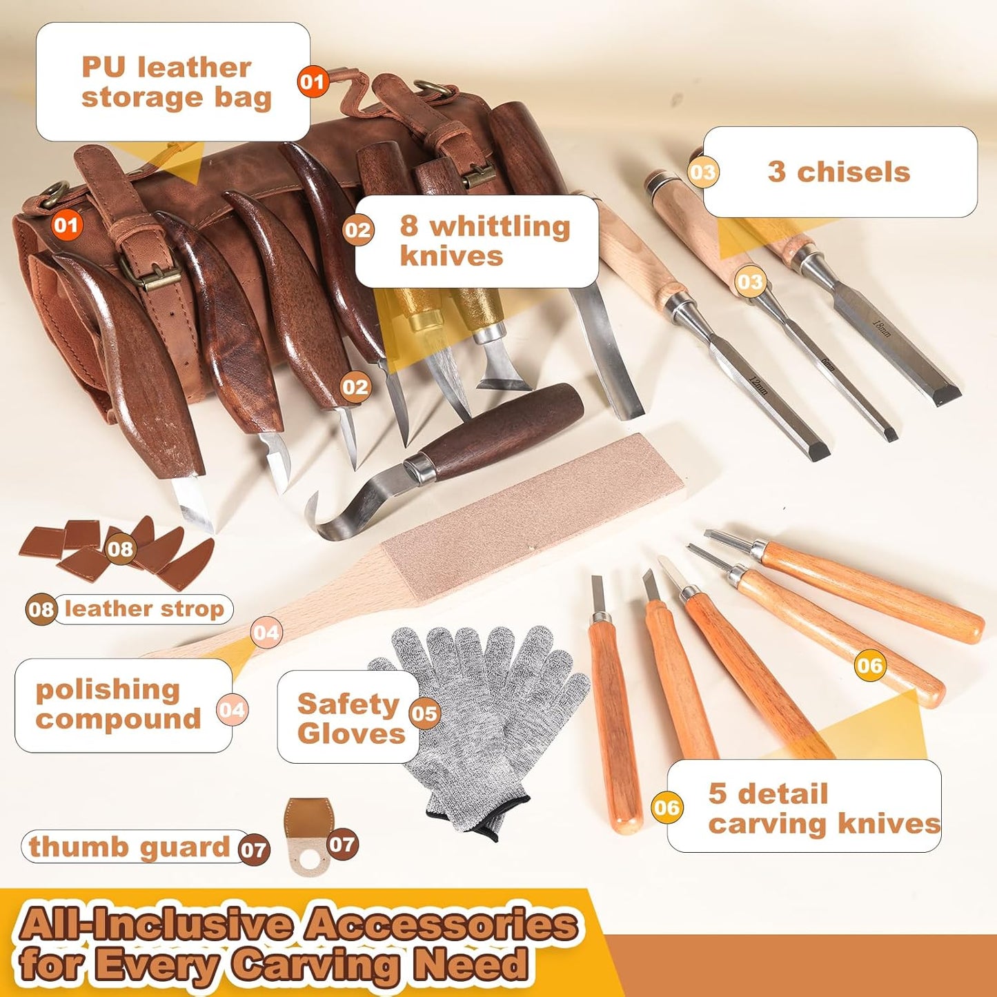 Premium Professional Wood Carving Kit - 28pcs wood carving Tools set whittling kit Ergonomic Walnut Handles, Razor-Sharp High-Carbon Steel Blades