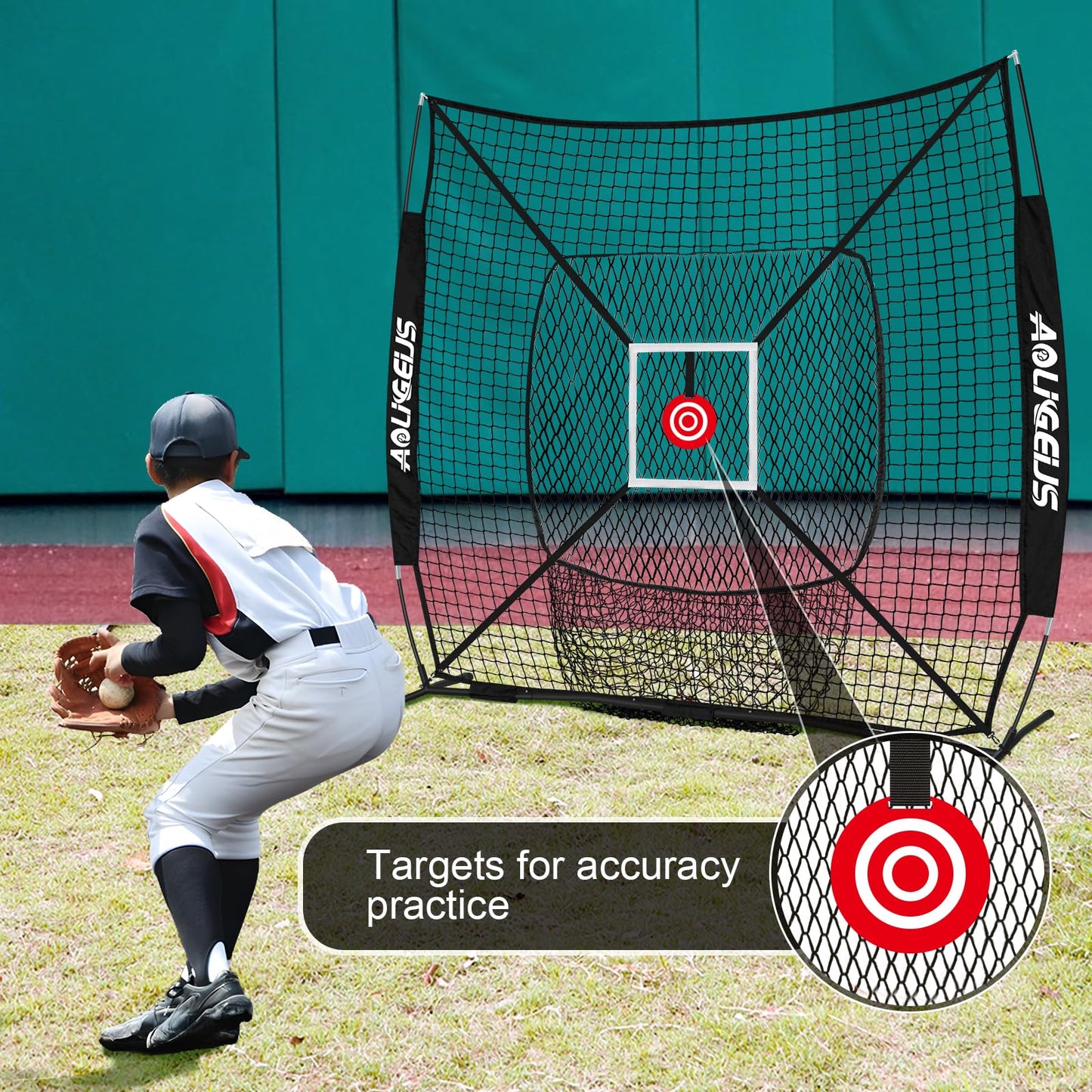 AOLIGEIJS 6'X6' Baseball Softball Practice Net,Pitching Net,Batting Net,with Baseball Tee,Bonus Strike Zone,Target and Bow Frame,for Hitting,Pitching,Catching