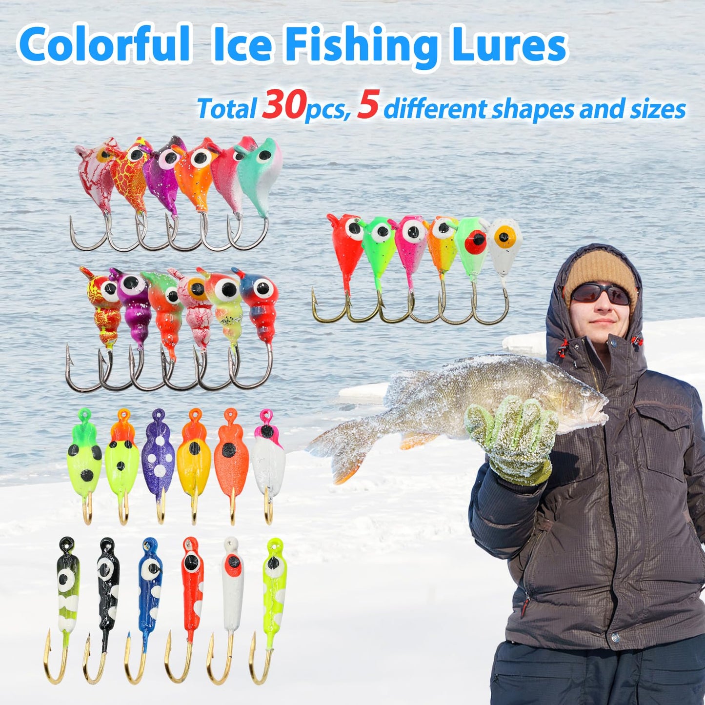 Ice Fishing Jigs Kit, 30/60Pcs Glow Ice Fishing Lure Set for Winter Ice Jigging Crappie Sunfish Perch Panfish Walleye Pike Jigs, Ice Fishing Gear with Storage Box