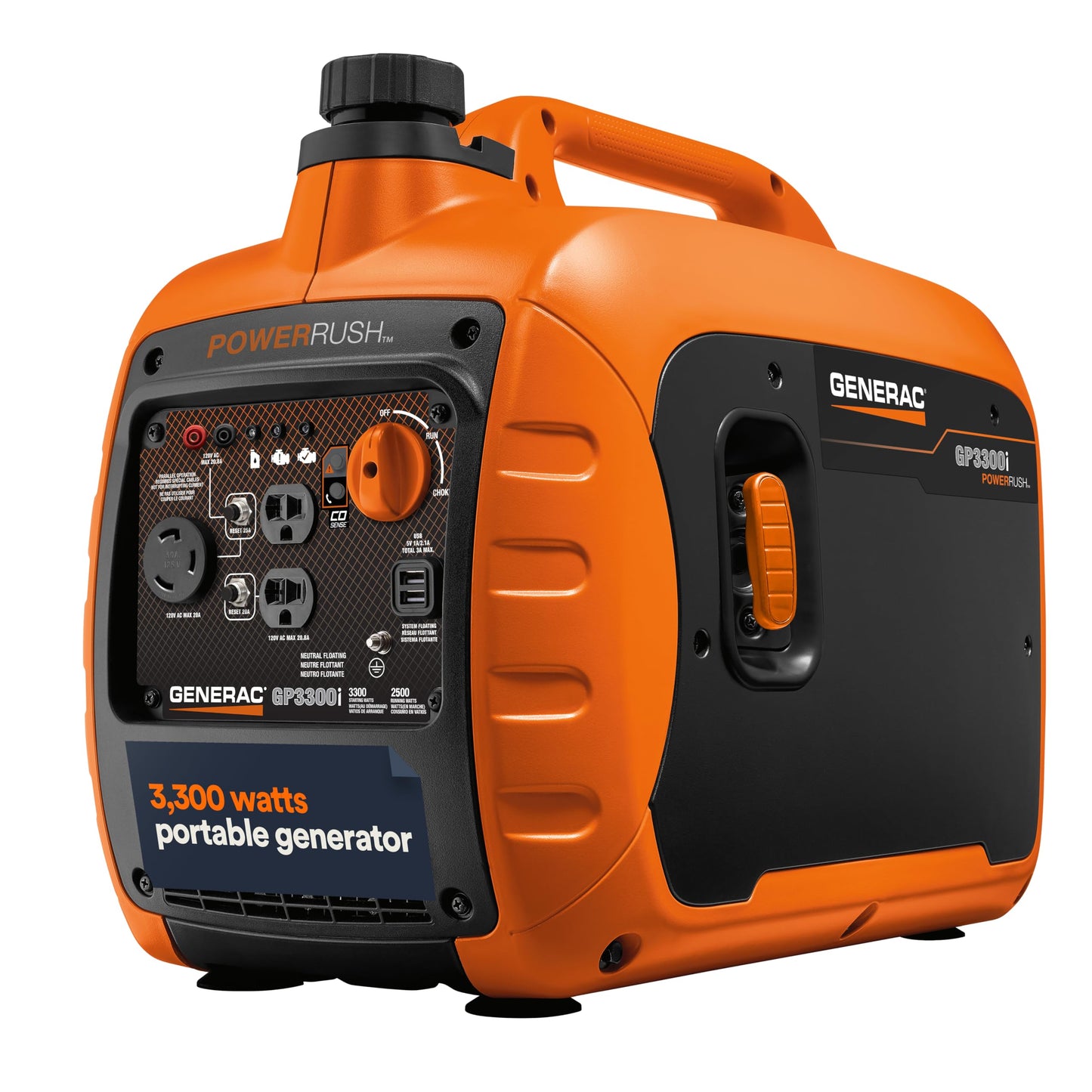 Generac 3,300-Watt Gas-Powered Portable Inverter Generator - Lightweight Design - USB Ports for Mobile Device Charging - COsense Technology - Perfect for Home use - Orange/Black