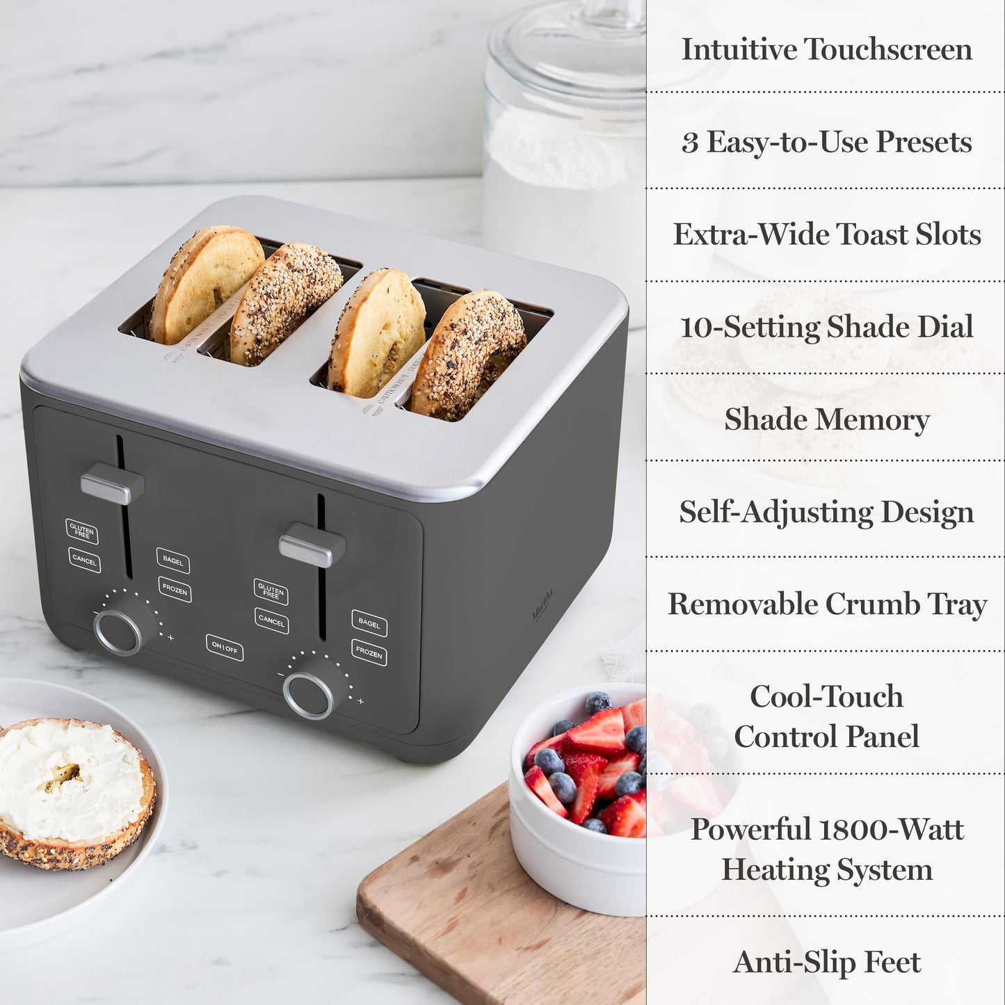 Martha Stewart 4 Slice Toaster, 10 Shade Settings with Defrost, Cancel, Bagel & Gluten-Free, Extra-Wide Self-Centering Slots for Waffles, Artisan Bread, Removable Crumb Tray, Cord Wrap,1800W, Honeydew