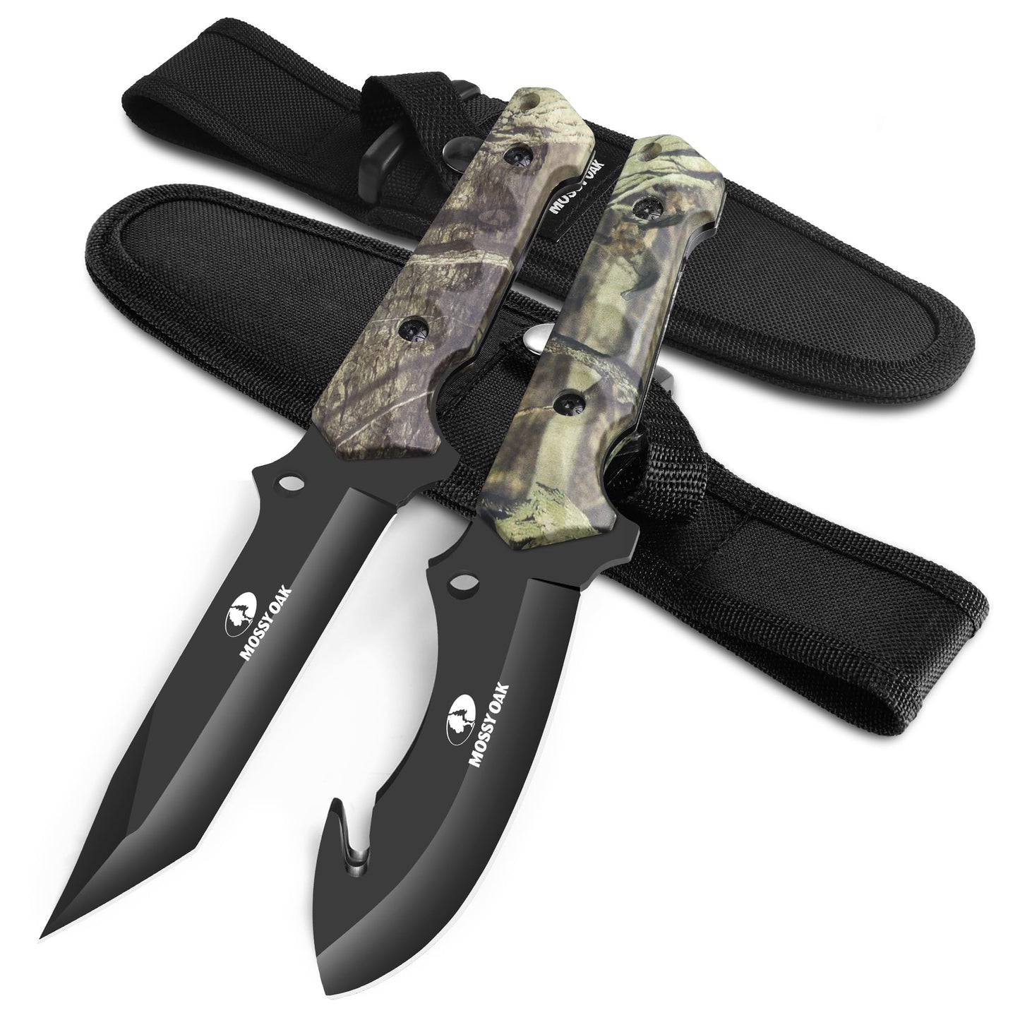 Mossy Oak Fixed Blade Hunting Knife Set - 2 Piece, Full Tang Handle Straight Edge and Gut Hook Blades Game Processing Knife, Sheath Included - Yellow Camo