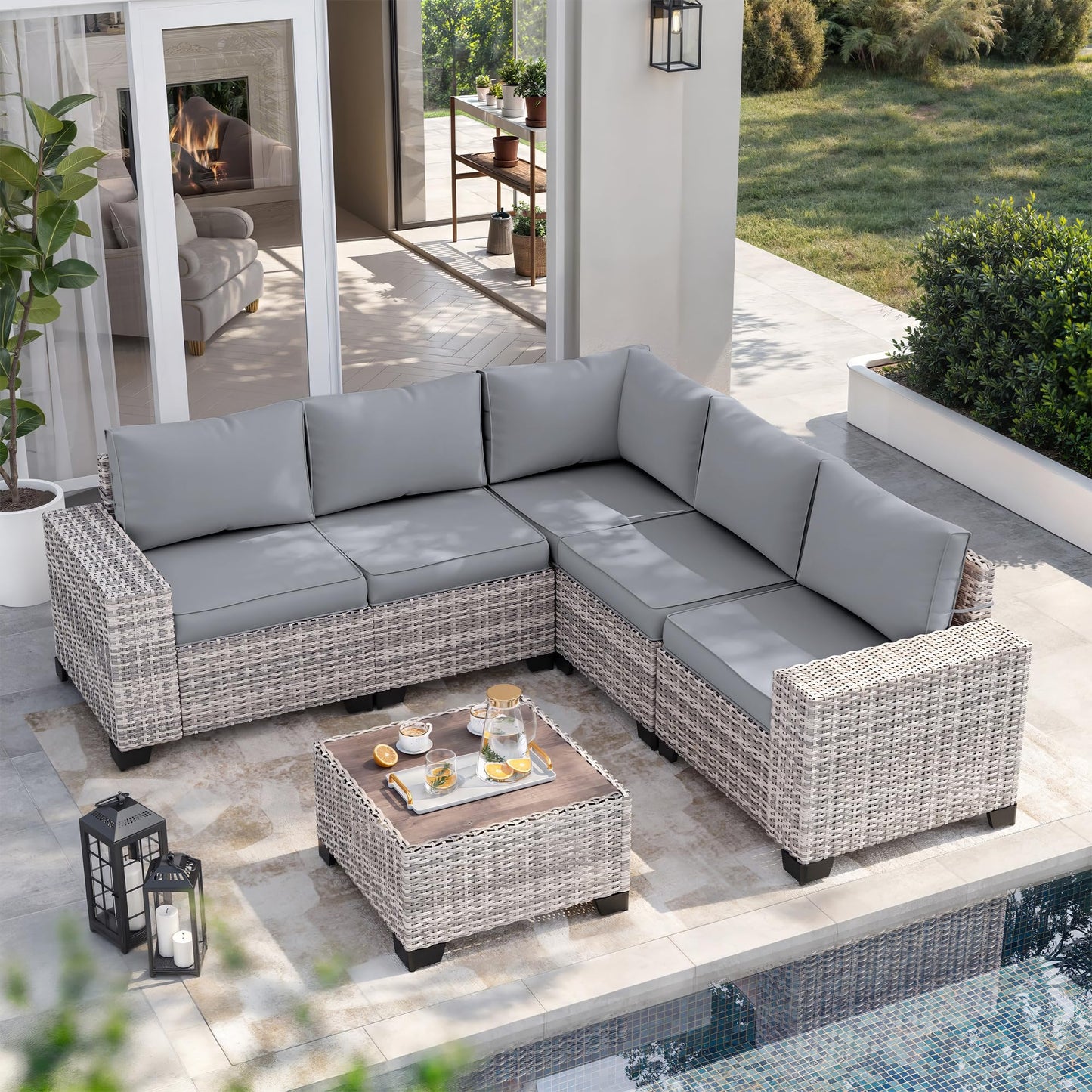 6-Piece Outdoor Patio Furniture Set Wicker Sectional Sofa Set, Patio Conversation Set with Thickened Cushions & Coffee Table for Garden, Backyard, Poolside, Beige
