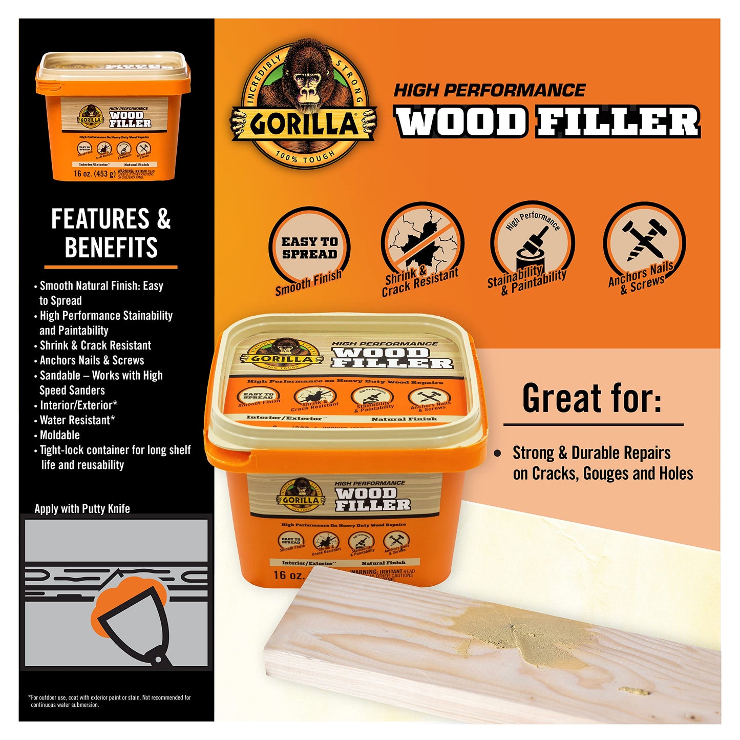 Gorilla All Purpose Wood Filler Wood Repair Kit with Putty Knife and Sanding Block