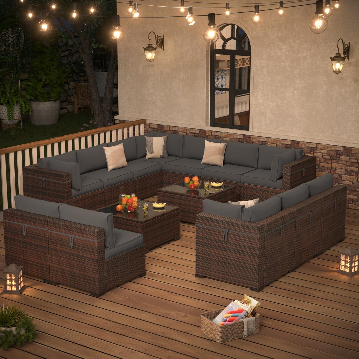 Amopatio Patio Furniture Sets, 7 Pieces Outdoor Rattan Sectional Sofa Set with Glass Table and Cushions, Wicker Patio Conversation Set for Outdoor Indoor Backyard Lawn Garden Porch (Grey)